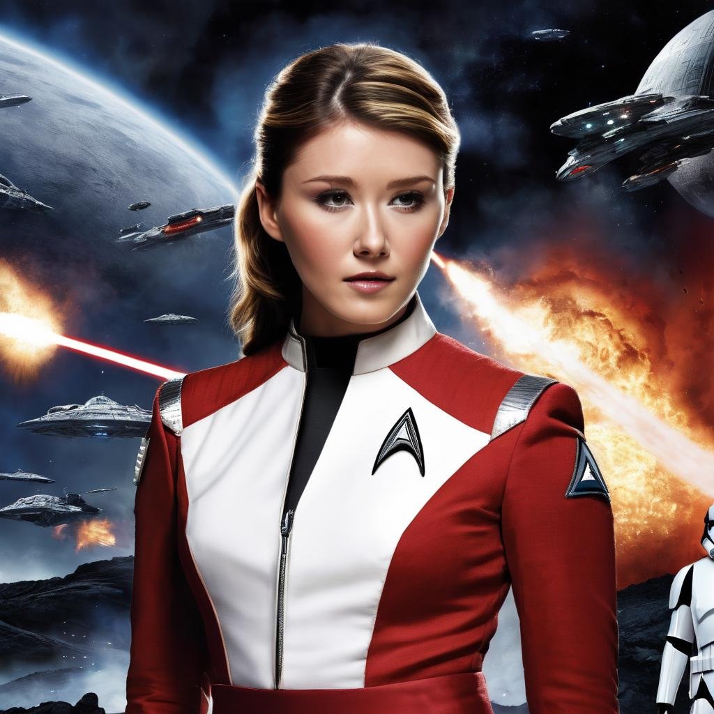 jewel_staite, <lora:JewelStaiteXL:1>, a woman dressed in red star trek uniform, Star Trek, star wars, fighting darth vader on a moon base, storm troopers fighting cylons in background, epic battle, fire, smoke, explosions, laser fire, fantasy planet, futuristic space ships, ((perfect eyes, detailed eyes,realistic eyes)), ((sharp face, detailed face, realistic face, naturtal skin, realistic skin, detailed skin, pores))