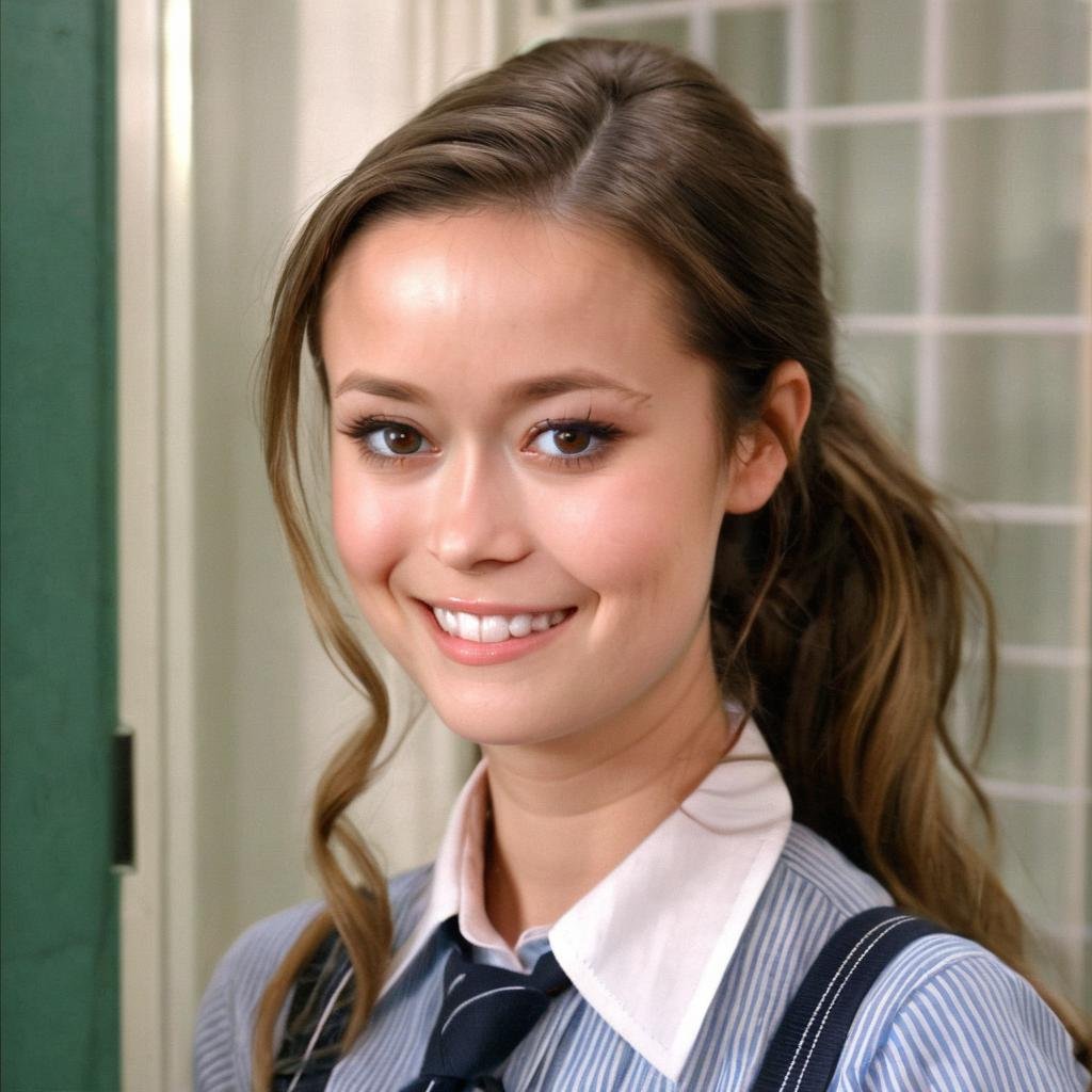 summer_glau, <lora:SummerGlauXL:1>,Photo of tomboy woman, tied ponytail,  upper body, striped shirt, sleeves rolled up, necktie, jeans with suspenders, 1960 post office, gentle smile, ((perfect eyes, detailed eyes,realistic eyes)), ((sharp face, detailed face, realistic face, naturtal skin, realistic skin, detailed skin, pores))