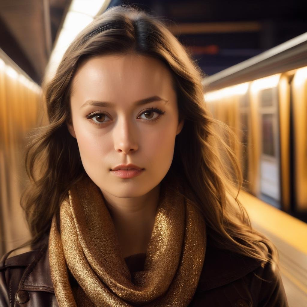 summer_glau, <lora:SummerGlauXL:1>, woman inside a subway station, subway train passing by ,motion blur,,leather jacket,scarf,radiant comfort, golden hour, cozy ambience, ((perfect eyes, detailed eyes,realistic eyes)), ((sharp face, detailed face, realistic face, naturtal skin, realistic skin, detailed skin, pores))