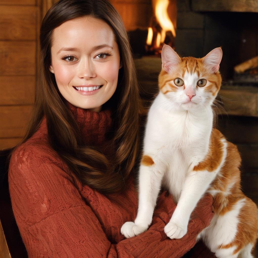 summer_glau, <lora:SummerGlauXL:1>,Photo of a woman wearing a turtleneck sweater with lace trim in a cabin, sitting on a chair with a ugly cat on her legs and (a mouse on her shoulder),next to a fireplace, very long hair, happy, smiling, looking to the viewer, ((sharp face, detailed face, realistic face, naturtal skin, realistic skin, detailed skin, pores)), ((perfect eyes, detailed eyes,realistic eyes))