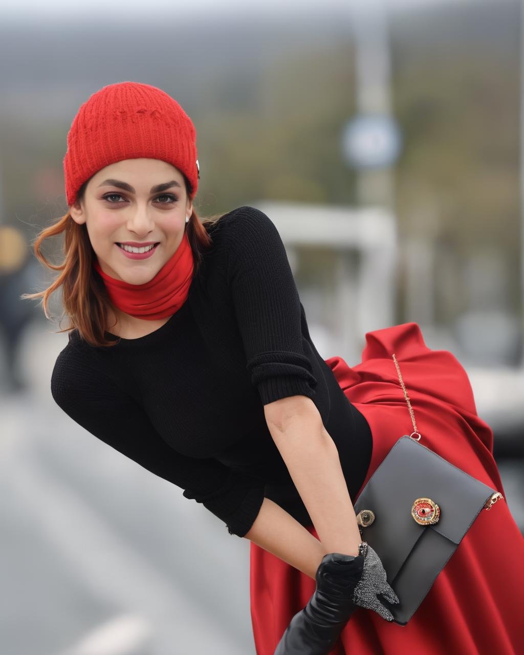 miriam_leone, <lora:MiriamLeoneXL:1>,solo,long hair,looking at viewer,smile,skirt,gloves,long sleeves,hat,jewelry,pantyhose,parted lips,fingerless gloves,grin,bracelet,sweater,sleeves past wrists,black pantyhose,leaning forward,turtleneck,red headwear,realistic,hand on headwear,fashion shoot,hat tip, ((sharp face, detailed face, realistic face, naturtal skin, realistic skin, detailed skin, pores)), ((perfect eyes, detailed eyes,realistic eyes))