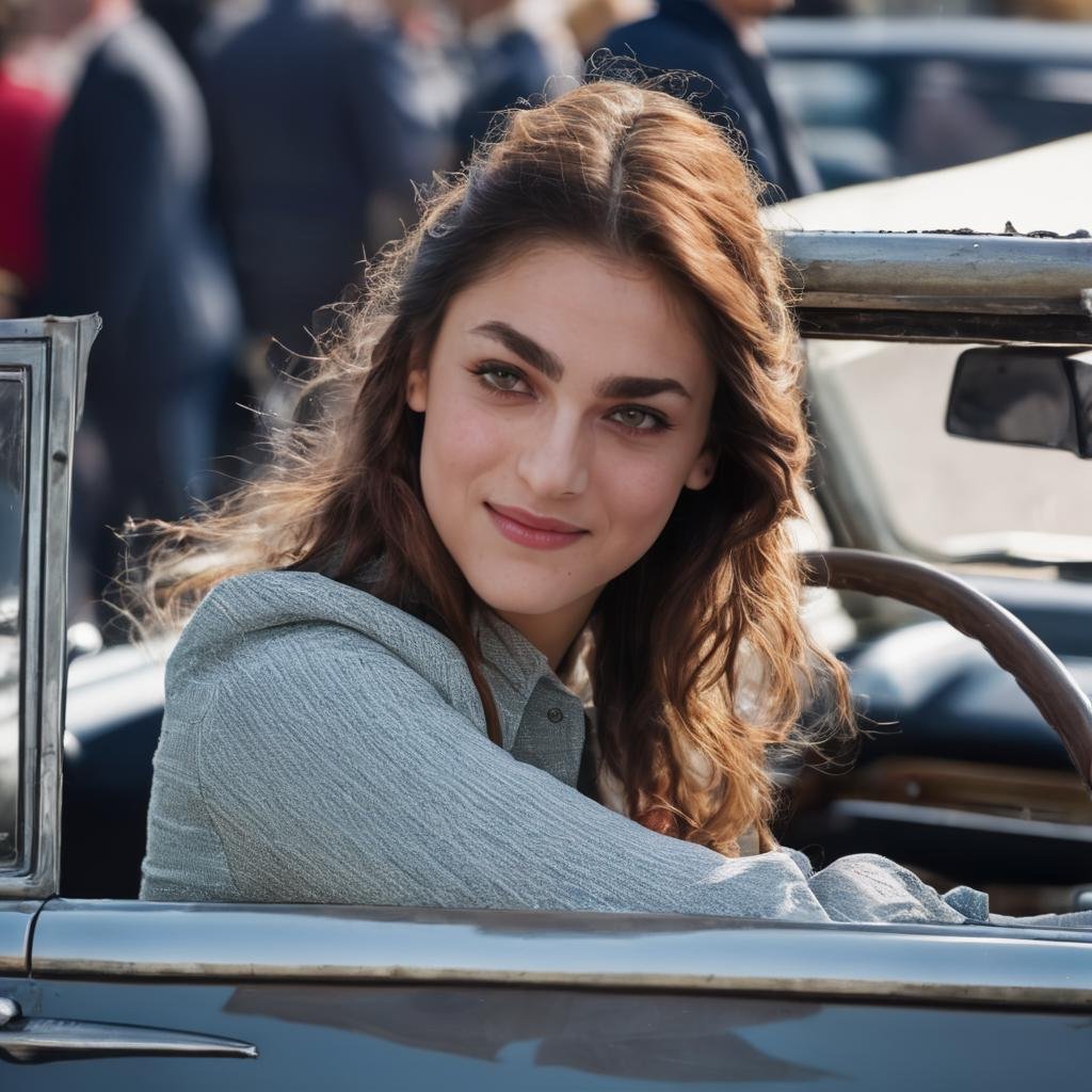 miriam_leone, <lora:MiriamLeoneXL:1>,solo,long hair,looking at viewer,smile,shirt,long sleeves,upper body,parted lips,teeth,solo focus,inside car,reflection,head rest,realistic,old 1960 car,dirty,, ((sharp face, detailed face, realistic face, naturtal skin, realistic skin, detailed skin, pores)), ((perfect eyes, detailed eyes,realistic eyes))