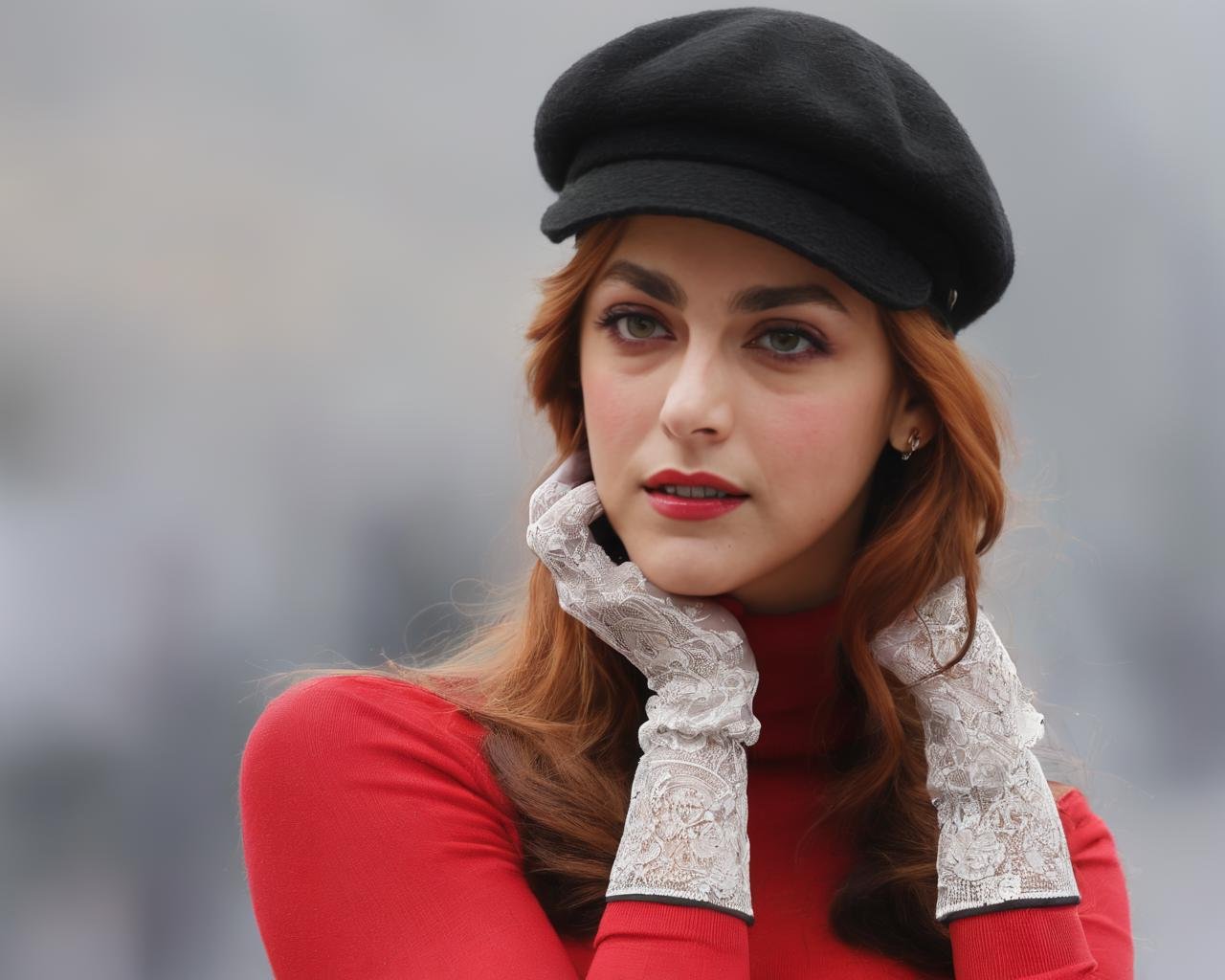 miriam_leone, <lora:MiriamLeoneXL:1>,solo,long hair,looking at viewer,skirt,gloves,long sleeves,hat,jewelry,pantyhose,parted lips,fingerless gloves,bracelet,sweater,sleeves past wrists,black pantyhose,leaning forward,turtleneck,red headwear,realistic,hand on headwear,fashion shoot,hat tip, ((sharp face, detailed face, realistic face, naturtal skin, realistic skin, detailed skin, pores)), ((perfect eyes, detailed eyes,realistic eyes))