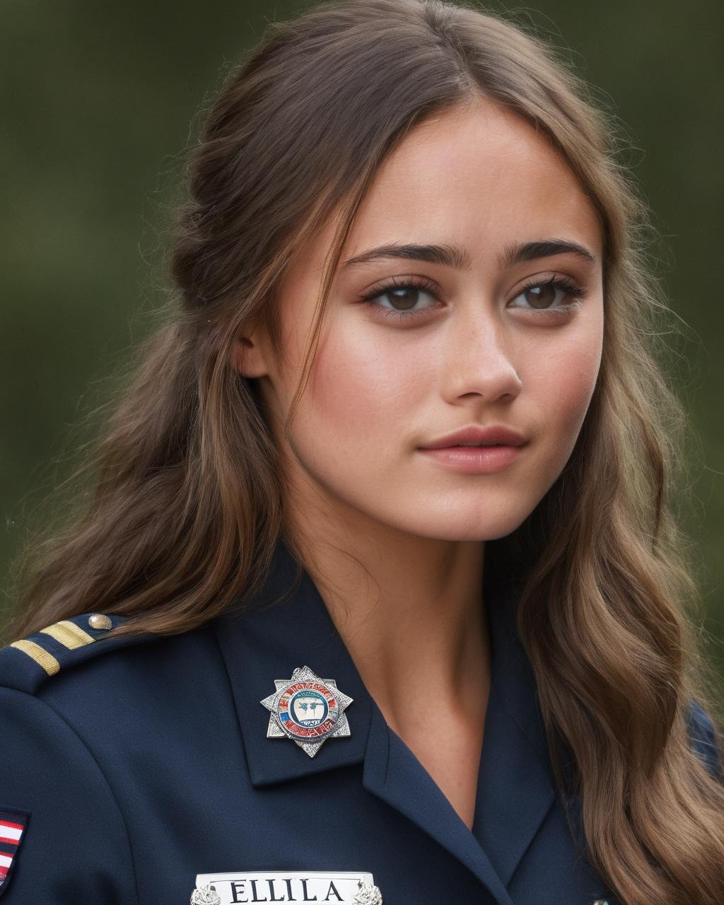 ella_purnell, <lora:EllaPurnellXL:1>, woman, solo, looking at viewer, laughing, long hair, upper body, uniform, military, military uniform, ((name badge reads 'Ella text:1.5)), crossed arms, sharp focus, realistic, ((sharp face, detailed face, realistic face, naturtal skin, realistic skin, detailed skin, pores)), ((perfect eyes, detailed eyes,realistic eyes))