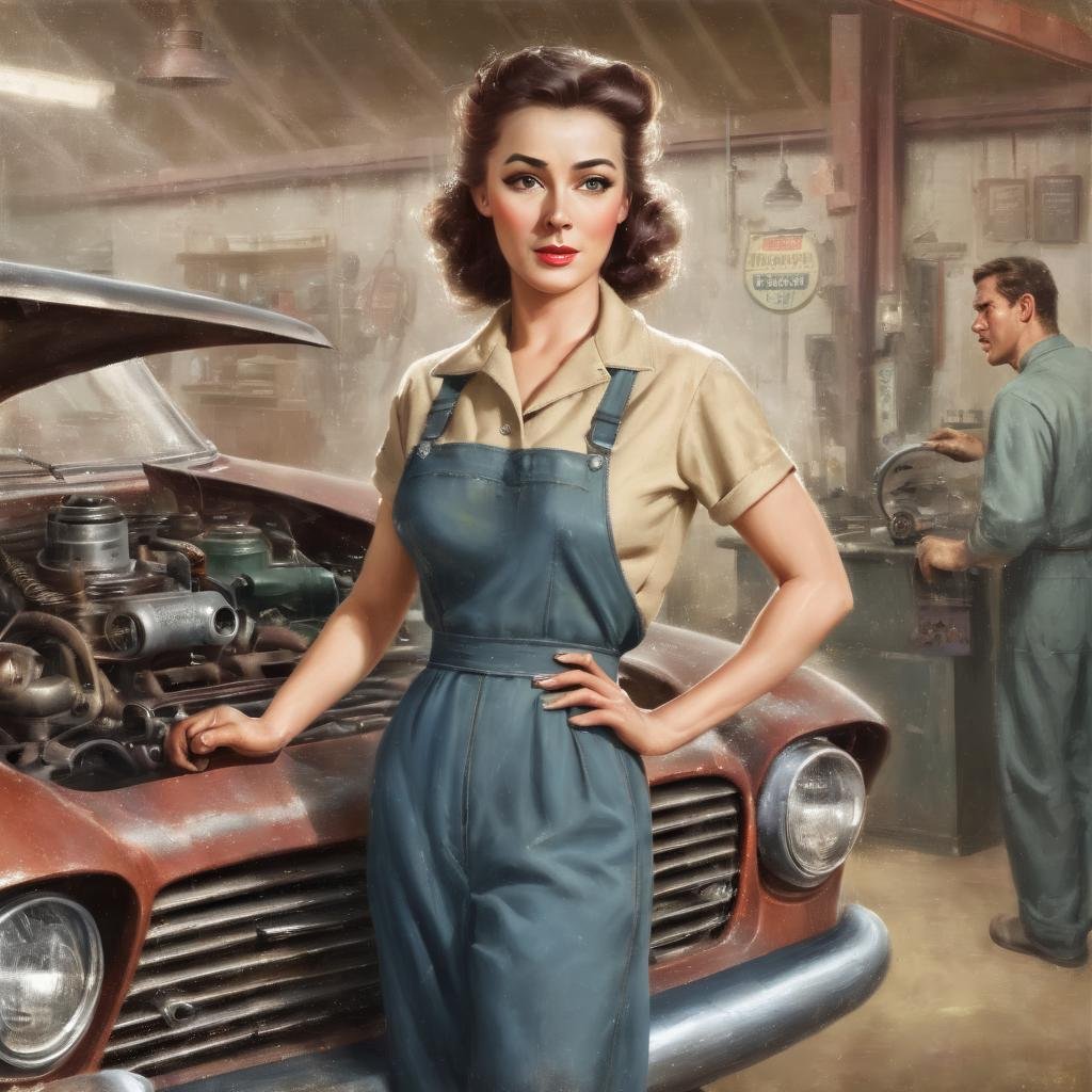 A beautiful felmale mechanic, solo, portrait, close-up,in a vintage mechanic shop, mechanic clothes, oil smeared, oil smeared face, dirty, holding repair tool in hand, repairing a broken car,vintage_p_style, <lora:VintagePPXL:1>