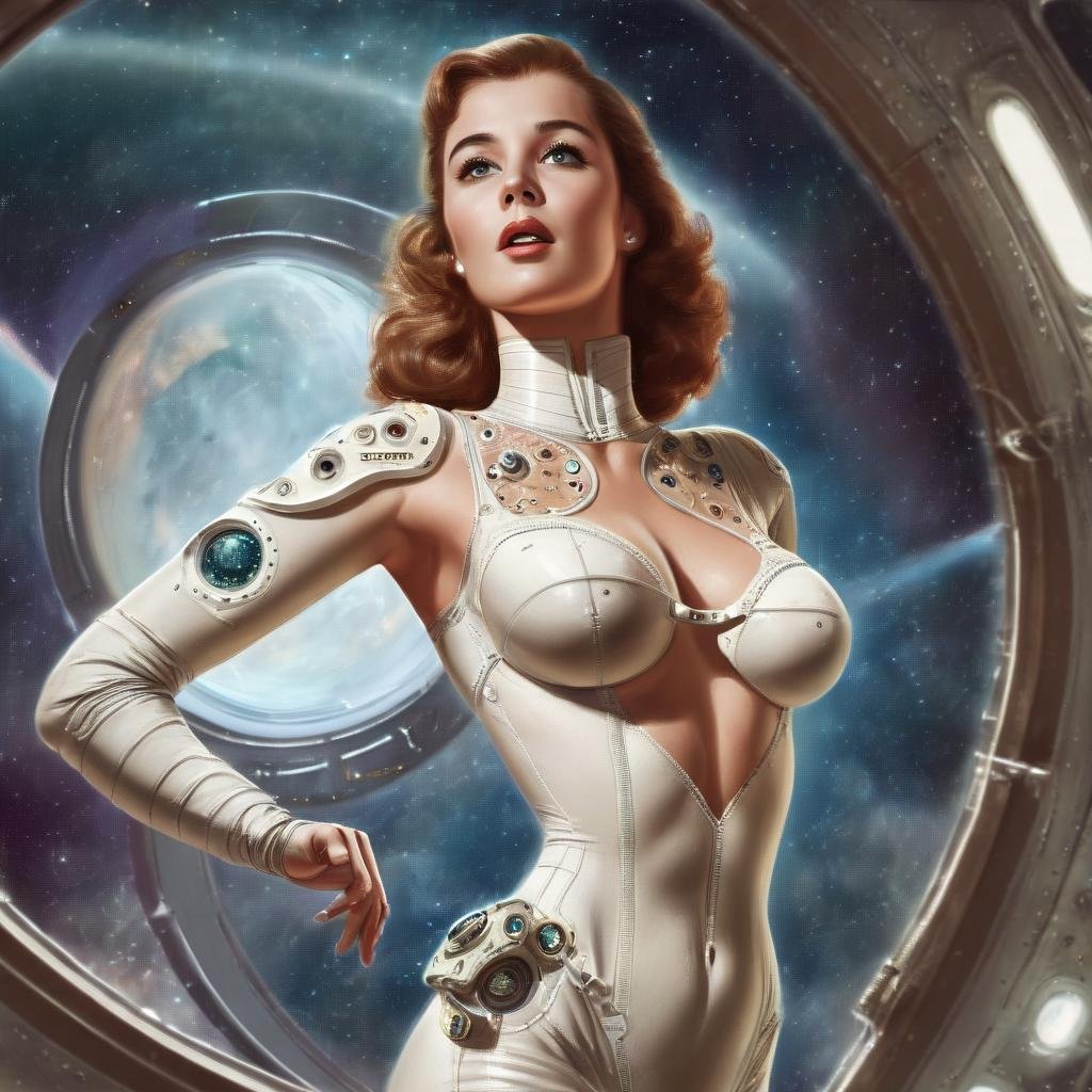 cowboy shot, 8k portrait of beautiful biomorphic beautiful woman, underbust corsage with lustful presence, big breasts, cleavage, white space suit with intricate details, skin tight, Space station interior, windows, glass reflections, space, planet, stars, masterpiece, ultra detailed, 8k, uhd, cinematic, realistic, dynamic pose vintage_p_style <lora:VintagePPXL:1>, ((perfect eyes, detailed eyes,realistic eyes)), ((sharp face, detailed face, realistic face, naturtal skin, realistic skin, detailed skin, pores))
