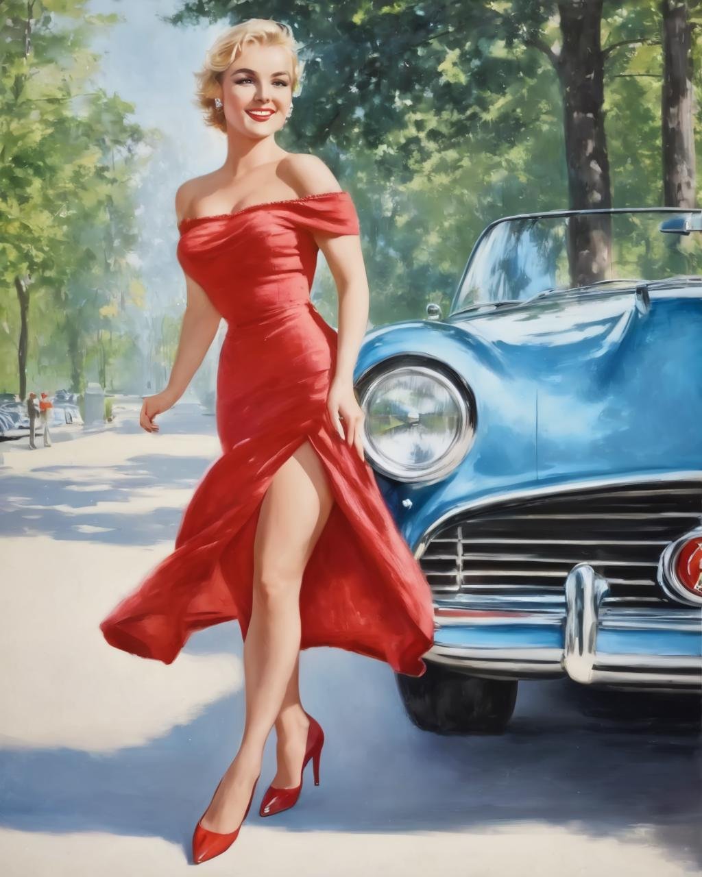 1girl,solo,breasts,smile,short hair,blue eyes,blonde hair,dress,bare shoulders,jewelry,standing,earrings,outdoors,day,off shoulder,high heels,tree,makeup,red dress,lipstick,red footwear,sports car ,vintage_p_style <lora:VintagePPXL:1>, ((perfect eyes, detailed eyes,realistic eyes))