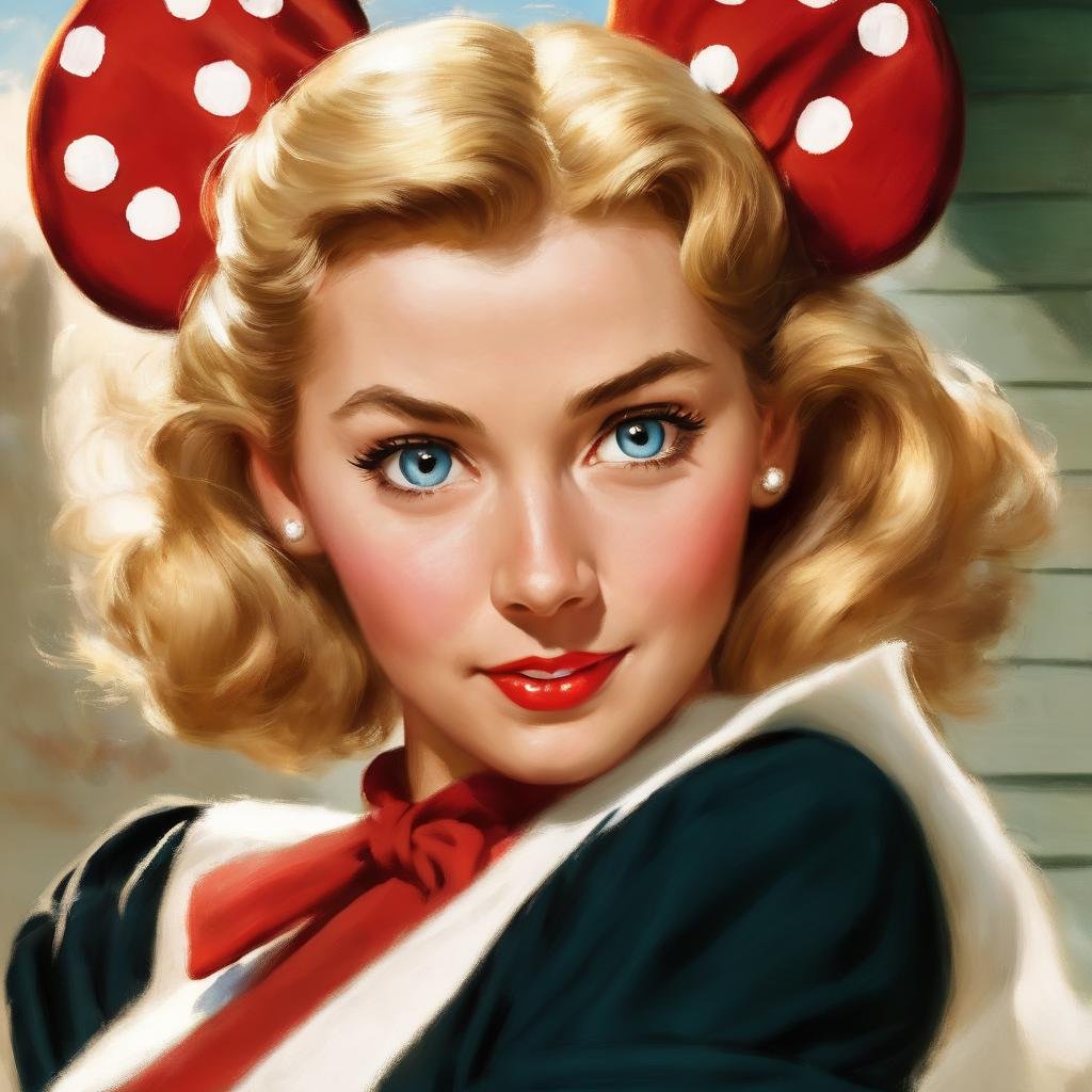 painting, portrait, upper body, half-body shot,action shot, (close-up shot view :1.1), Minnie Mouse,blonde, dramatic,award-winning,view from below shot,((dramatic expressive background)),dynamic angle,  action shot, vintage_p_style, <lora:VintagePPXL:1>, ((perfect eyes, detailed eyes,realistic eyes)), ((sharp face, detailed face, realistic face, naturtal skin, realistic skin, detailed skin, pores))