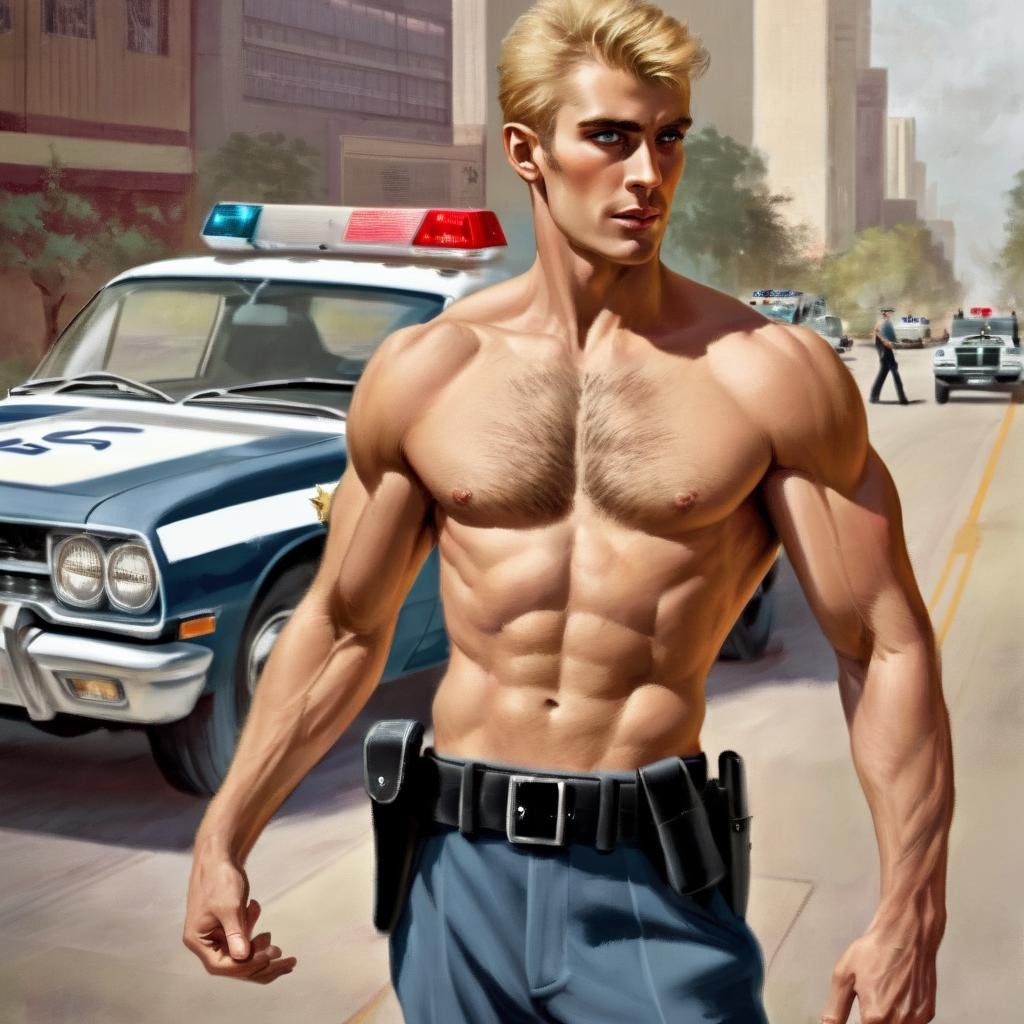 dramatic angle, a tall skinny gorgeous blonde guy with an ideal physique posing, 23yo, tall, shirtless, hairy, muscle definition, aesthetic physique, defined abs, ripped abs, shredded abs, modern haircut, short beard, dynamic posture posing rude standing against a car, ((wearing police uniform)), full-body from side, saluting someone, looking away,vintage_p_style <lora:VintagePPXL:1>, ((sharp face, detailed face, realistic face, naturtal skin, realistic skin, detailed skin, pores)), ((perfect eyes, detailed eyes,realistic eyes))