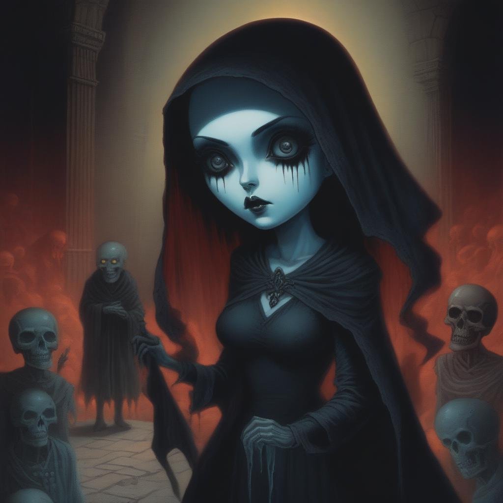 a haunting scene with 1 female necromancer in a dark fantasy world of diablo. Emphasize eerie atmosphere, high contrast, and interplay of shadow and light. Include colorful, gothic horror detailed face perspective from below anime, manga, comic, illustration,lowbrow art style, surreal,<lora:LowBrowXL:1>