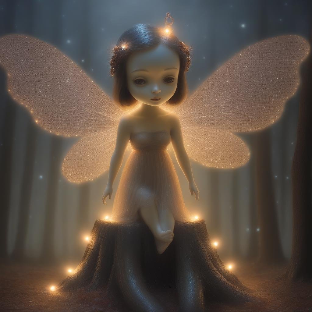 Humanoid fairy, enchanting, whimsical, mystical, magical, ethereal, wings, forest, moonlight, starlight, mist, serenity, fairy lights, soft focus, bokeh, lens flare, surreal, wood, dusk, bronze, fiber optic, carbon fiber, dawn, subsurface scattering, ultra hd, 4k, high def, Photorealistic, Hyperrealistic, Hyper detailed, analog style, realistic, masterpiece, best quality, ultra realistic, 8k, Intricate, High Detail, film photography, soft lighting, heavy shadow, lowbrow art style, surreal,<lora:LowBrowXL:1>