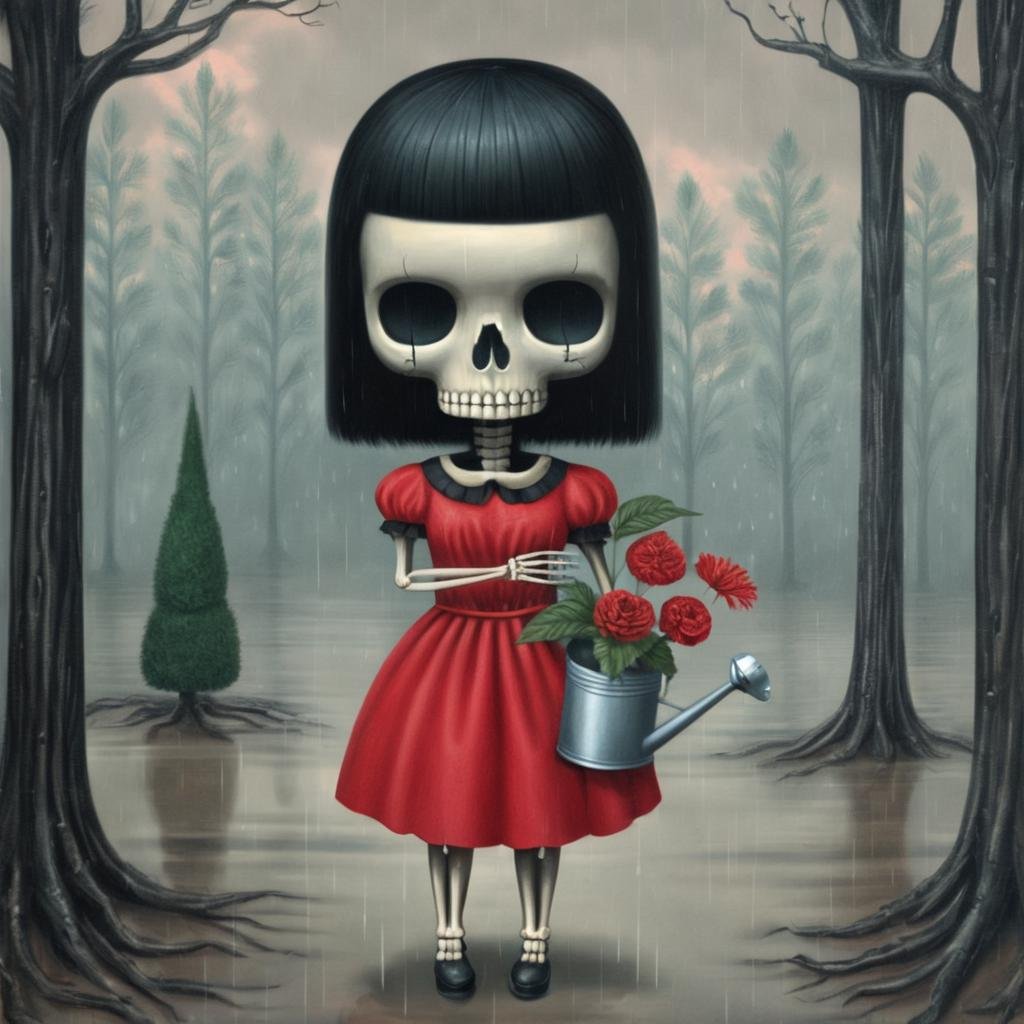 1girl,solo,looking at viewer,black hair,hat,dress,holding,standing,flower,short sleeves,outdoors,tree,leaf,red dress,plant,red flower,nature,forest,rain,skull,potted plant,skeleton,horror (theme),what,watering can, lowbrow art style, surreal,<lora:LowBrowXL:1>