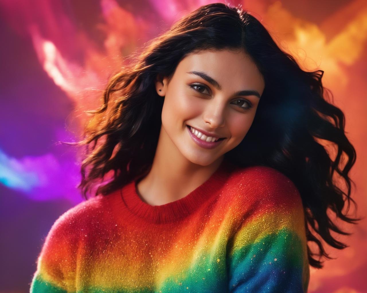 morena_baccarin, <lora:MorenaBaccarinXL:1>, snapshot aesthetic, dramatic lighting, color cannon explosion, savage smile, very long wavy hair, floating hair, paint on body and face, rainbow colored sweater,splash, particles, dynamic background,