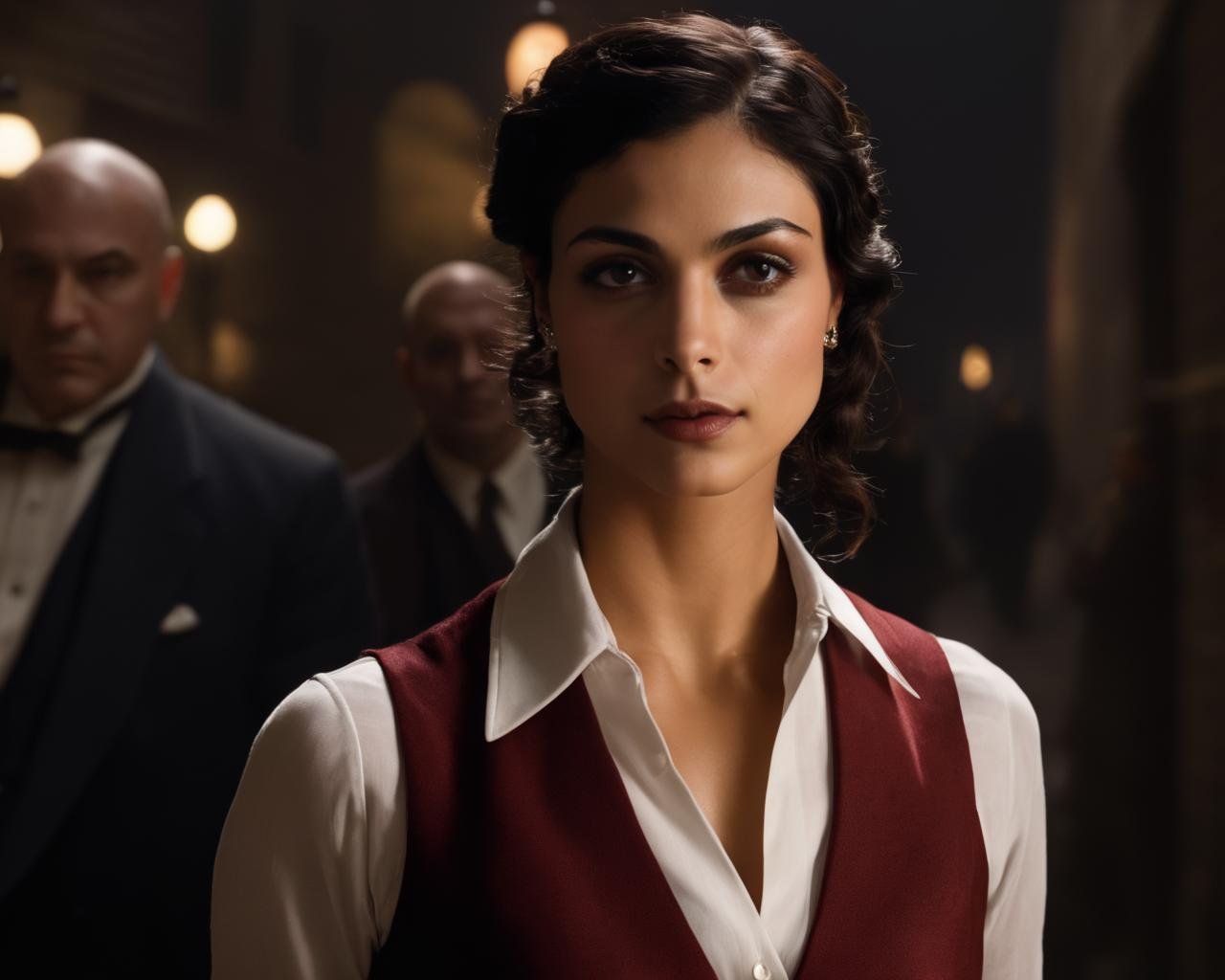 morena_baccarin, <lora:MorenaBaccarinXL:1.0>, female mafia gangster boss, wearing a (black business suit, 1920s style), red tie, white shirt, red vest, 1920, prohibition, standing in a dark alley, beer barrels, mafia mob,dark scary atmosphere, noir style, , ((sharp face, detailed face, realistic face, naturtal skin, realistic skin, detailed skin, pores, sharp eyes, detailed eyes,realistic eyes)),