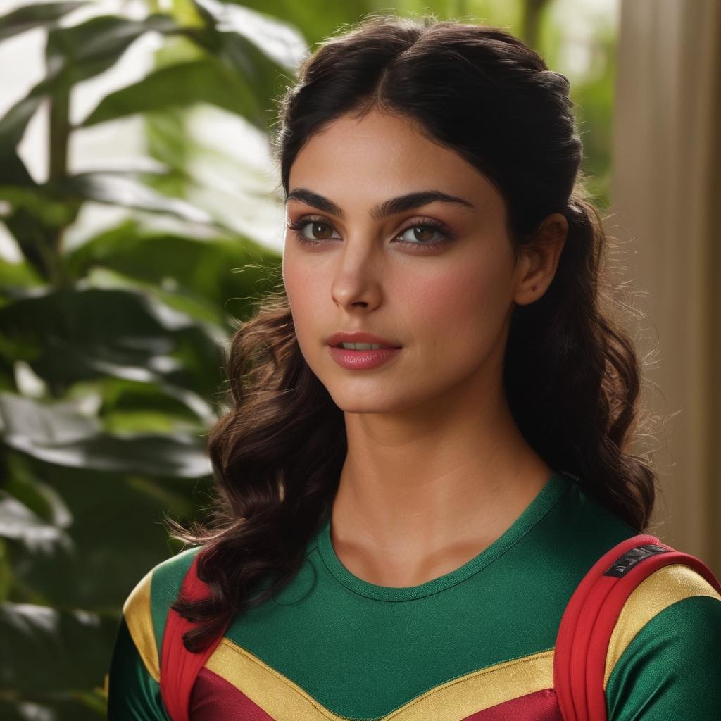 morena_baccarin, <lora:MorenaBaccarinXL:1>,eyelashes, face, lips, looking at viewer, nose, teeth, realistic, solo, (rainbow colored shirt, Fiery red Rashguard, green , Printed pants, (dorm room, greenhouse), (wavy hair, subtlemakeup, wine skin, shy, confident, pride,  , ((sharp face, detailed face, realistic face, naturtal skin, realistic skin, detailed skin, pores, sharp eyes, detailed eyes,realistic eyes)),