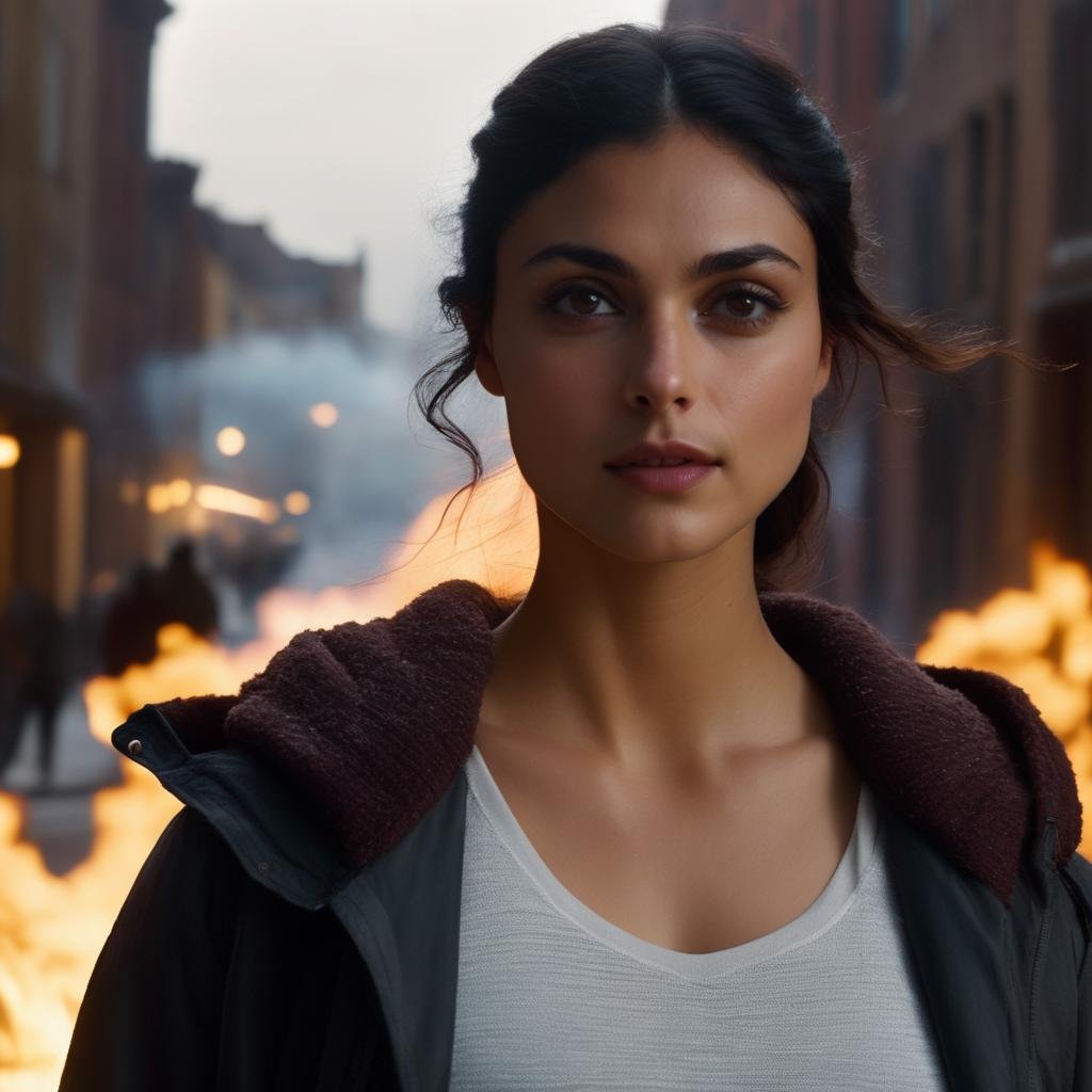 morena_baccarin,  <lora:MorenaBaccarinXL:1>, a close up photo of a mature woman, white pants, shirt, hoodie, jacket, fire, smoke, fog, night street, destroyed buildings, (city), light effects, swirling light around the character, depth of field,light particles,magic circle, ash particles, dulux, (masterpiece, best quality, ultra-detailed, best shadow), high contrast, (best illumination), ((cinematic light)), colorful, hyper detail, dramatic light, intricate details, (1 girl, solo) , ultra detailed artistic photography, dreamy, backlit, shadows, ultra high definition, 8k, ultra sharp focus, ultra high quality model, soft lighting, film photography, analogue photography, hyperrealism,, , ((sharp face, detailed face, realistic face, naturtal skin, realistic skin, detailed skin, pores, sharp eyes, detailed eyes,realistic eyes)),