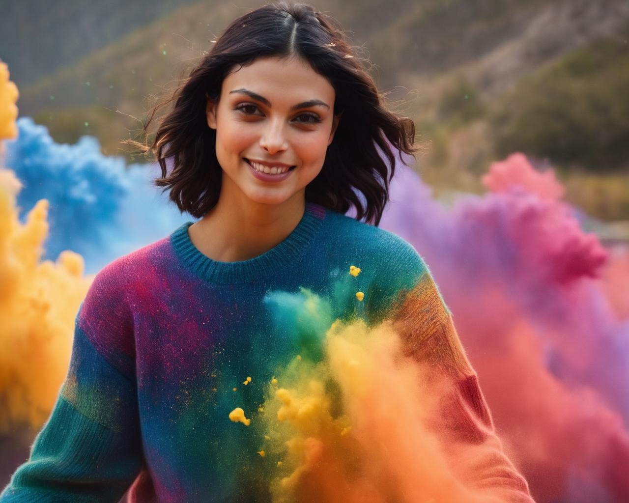 morena_baccarin, <lora:MorenaBaccarinXL:1>,8k, RAW photo, best quality, masterpiece, snapshot aesthetic, dramatic lighting, sharp focus, high quality, 1girl, color cannon explosion, savage smile, paint on body, rainbow collored sweater,splash, particles,   colorful, dynamic background,