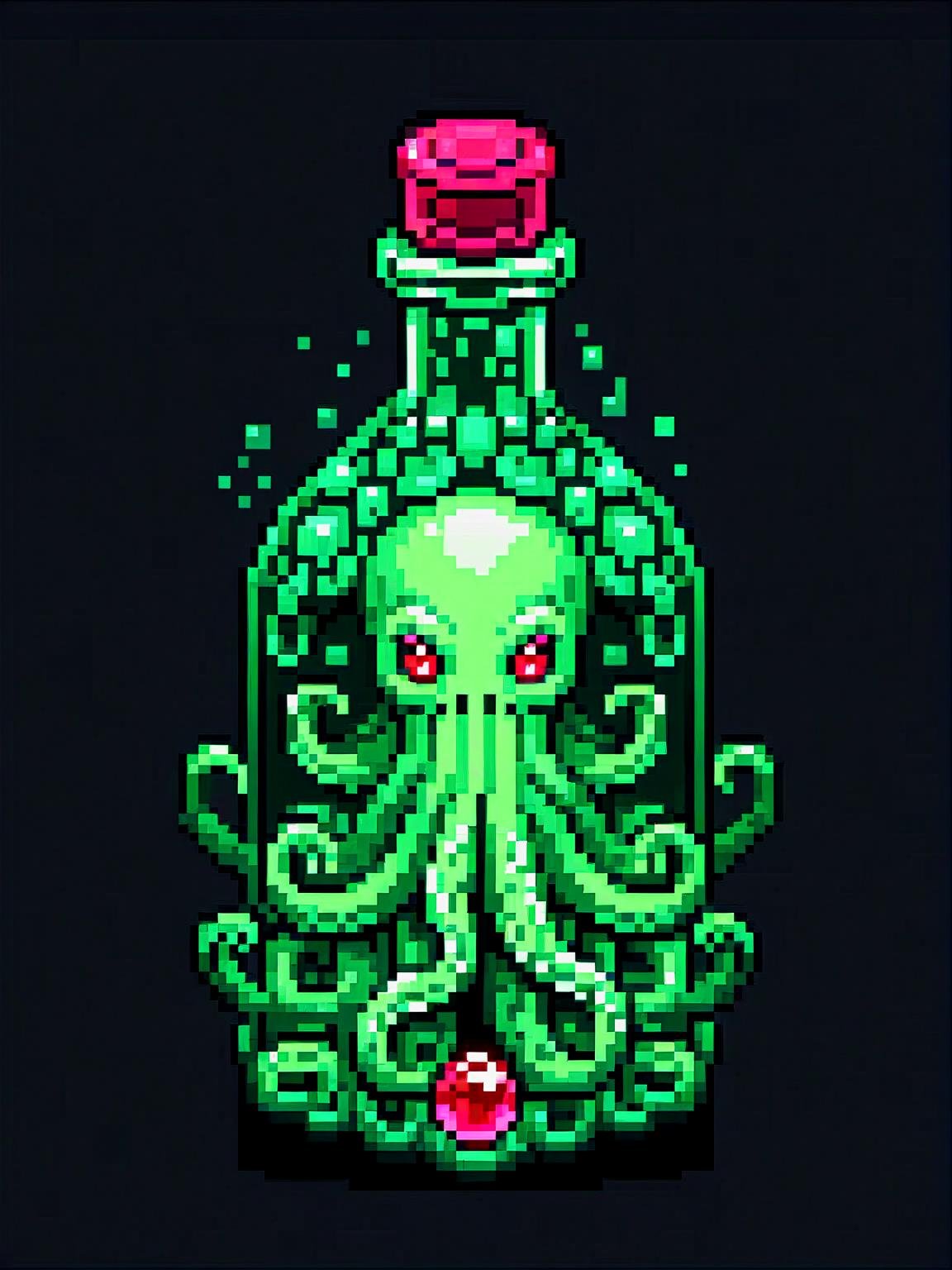 pixel art, cartoon illustration, tentacle green big bottle, lovecraft, Cthulhu, ruby gems, simple black background, game icon
