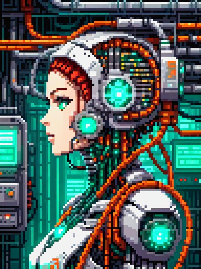 pixel art (cyborg integrated into huge machinery, cables attached to head, wires, tubes, steam:1.3),  teal and orange lighting, (dark lighting:1.3), (masterpiece:1.2), best quality,  colorful, (intricate details, hyperdetailed, highest detailed:1.2), high resolution textures