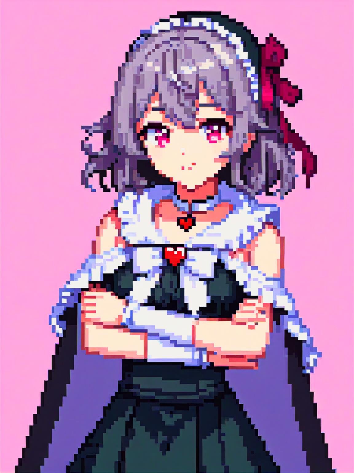 pixel art, masterpiece, best quality, rating: general, newest, Fallen shadow, yandere, chocolate, heart-shaped pupils, single wrist cuff, symbol-shaped pupils, solo, hands on own face, dress, food-themed clothes, criss-cross halter, waist bow, hood up, heart, shaded face, arm ribbon, grey cape, cloak, capelet, hands on own cheeks, smile, grey capelet, black dress, frills, halterneck, leg ribbon, cape, short dress, frilled dress, looking at viewer, petite, simple background, pink background, outline, white background, brown background