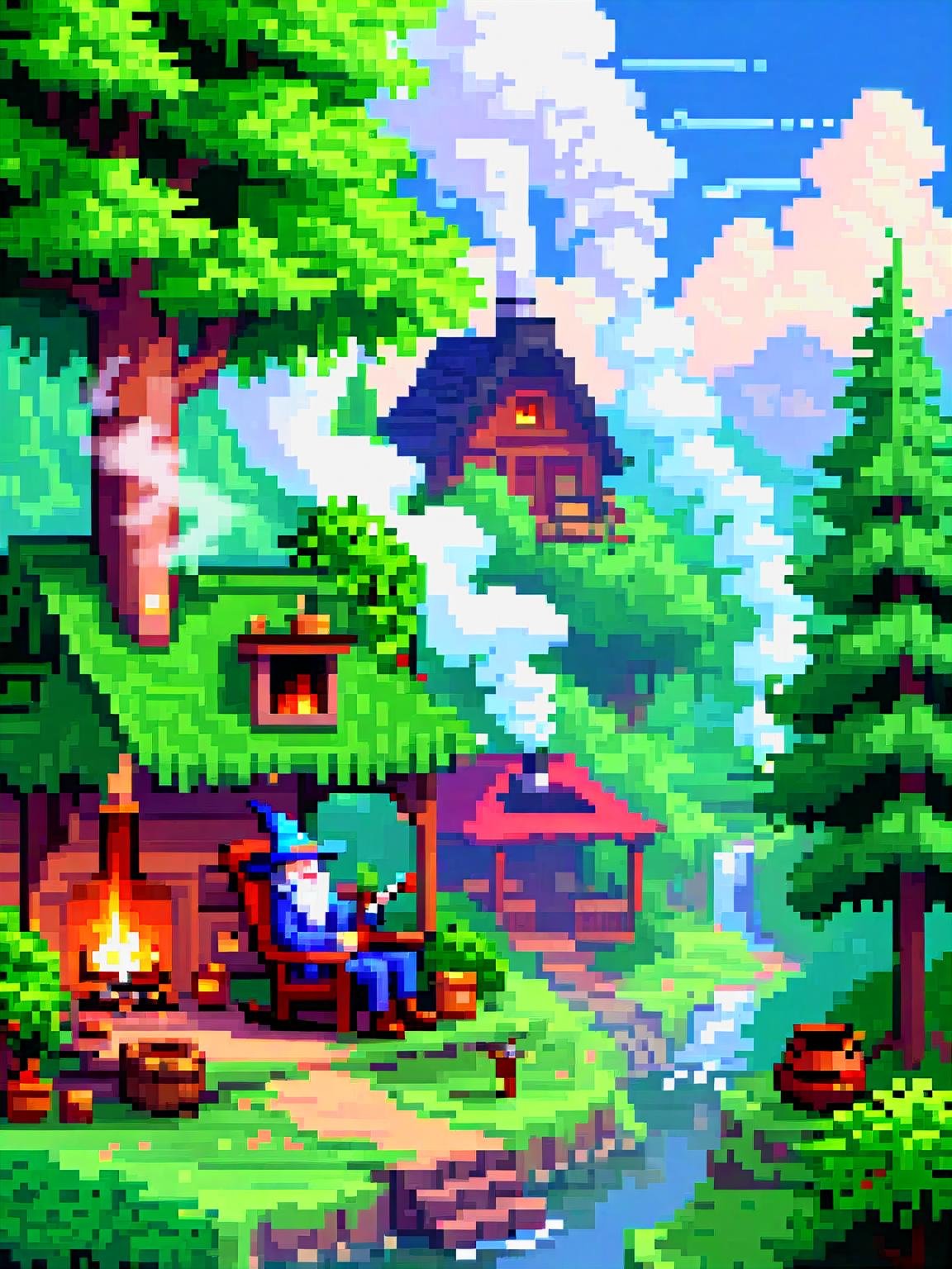 pixel art, a beautiful landscape full of green trees, cozy hut with smoke coming out of the chimney, stream, porch, friendly old man with a large wizard hat sitting in a rocking chair, smoking a pipe, ultra detailed