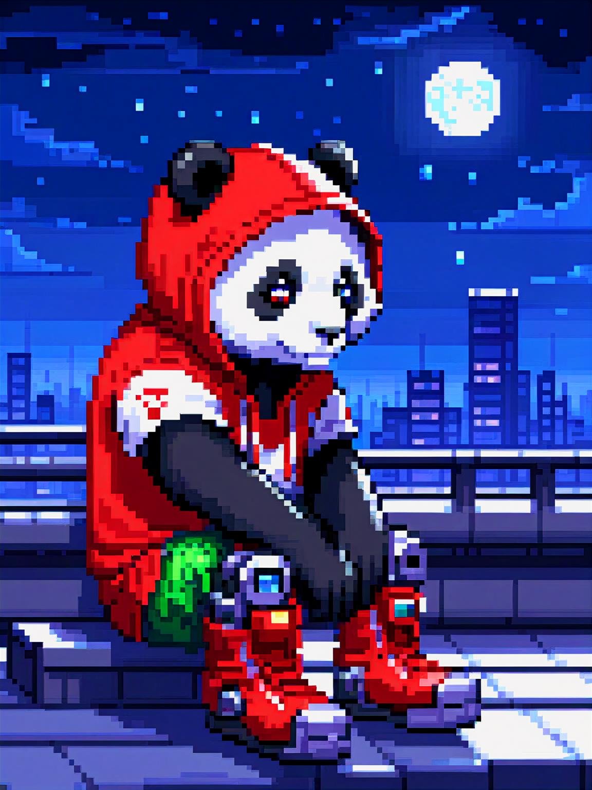 pixel-art a cyborg anthropomorphic giant panda male furry is sitting solo on rooftop, He has very fluffy fur on cheek and animal head, mechanical arms and hands, mechanical legs and boots, He wears a short sleeves red hoodie with both proud and serious on his face, His eyes are black and shine and looking afar, city below, backlighting, night, moonlight, starry sky, 64 bit style, shooting star, constellation . low-res, blocky, pixel art style, 8-bit graphics