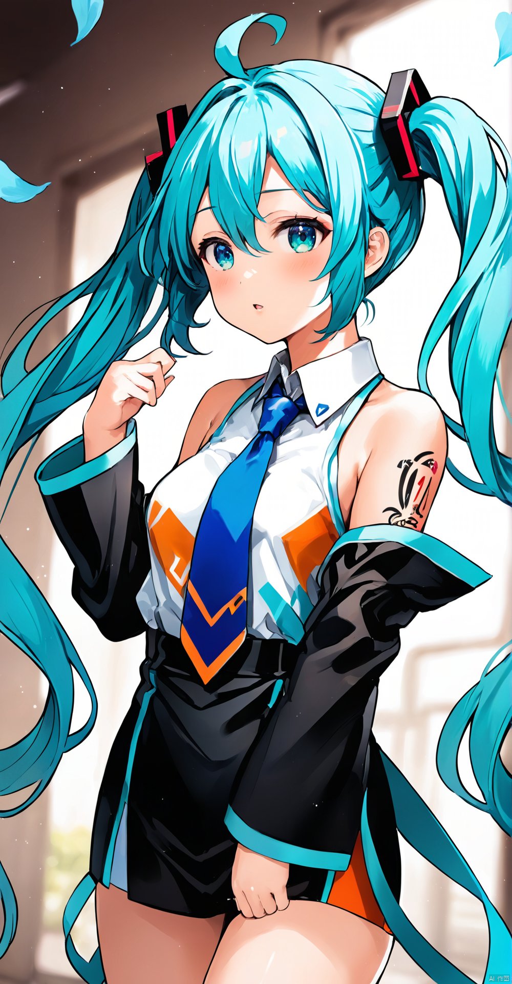 Full body,  dynamic pose,  (masterpiece),  (best quality),  loli,  1girl, solo, twintails, long hair, hatsune miku, detached sleeves, shirt, necktie, bangs, looking at viewer, sleeveless, sleeveless shirt, upper body, hair between eyes, blue eyes, blush, petals, very long hair, collared shirt, long sleeves, blue hair, bare shoulders, hair ornament, parted lips, black sleeves, blurry, looking to the side, wide sleeves, hand up, ahoge, from side, blurry background, tattoo, grey shirt, white shirt, blue necktie,  ORANGEBLACK,<lora:EMS-280663-EMS:0.800000>,<lora:EMS-228302-EMS:0.500000>