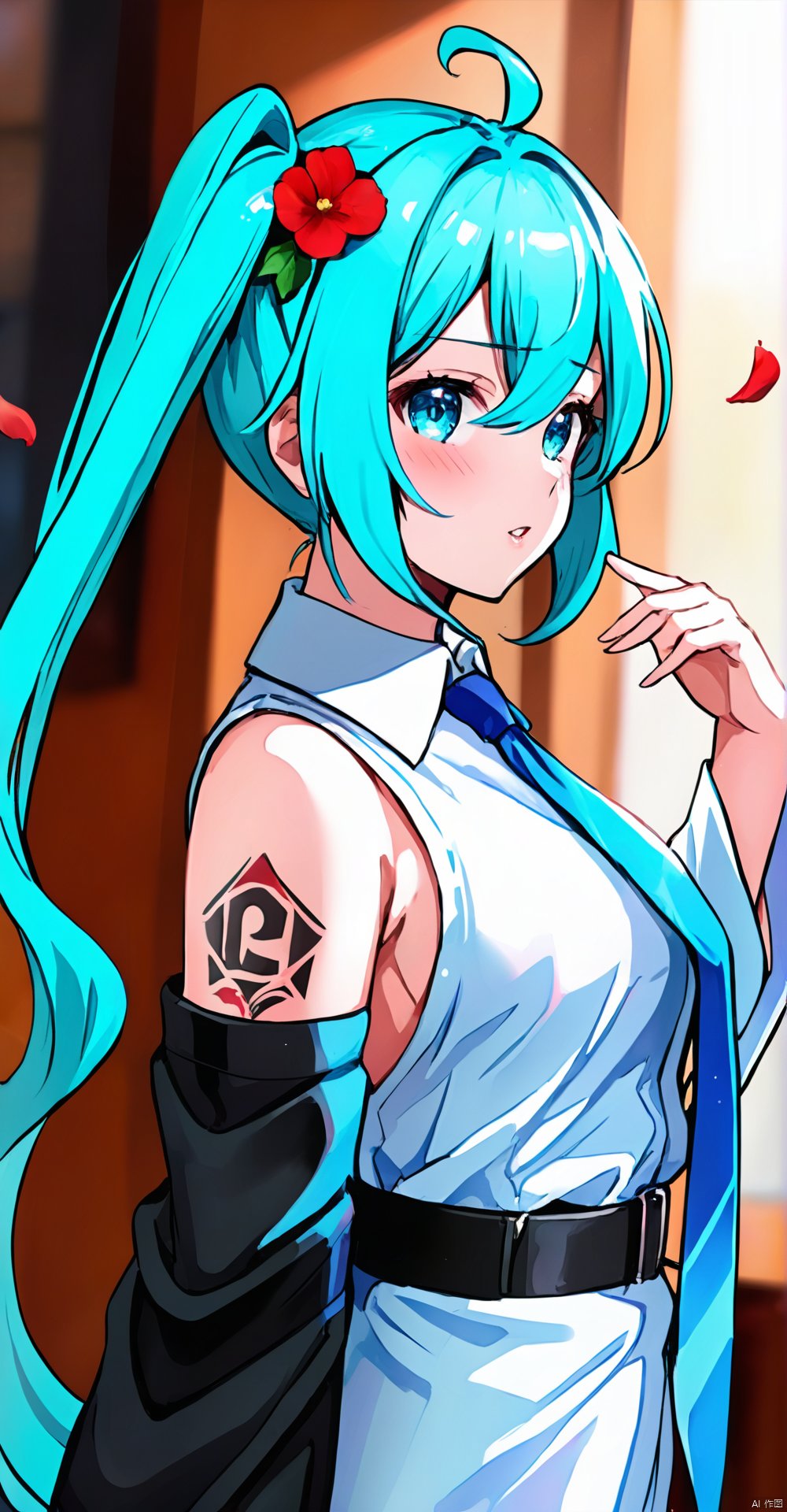 (masterpiece),  (best quality),  loli,  1girl, solo, twintails, long hair, hatsune miku, detached sleeves, shirt, necktie, bangs, looking at viewer, sleeveless, sleeveless shirt, upper body, hair between eyes, blue eyes, blush, petals, very long hair, collared shirt, long sleeves, blue hair, bare shoulders, hair ornament, parted lips, black sleeves, blurry, looking to the side, wide sleeves, hand up, ahoge, from side, blurry background, tattoo, grey shirt, white shirt, blue necktie,<lora:EMS-280663-EMS:0.800000>