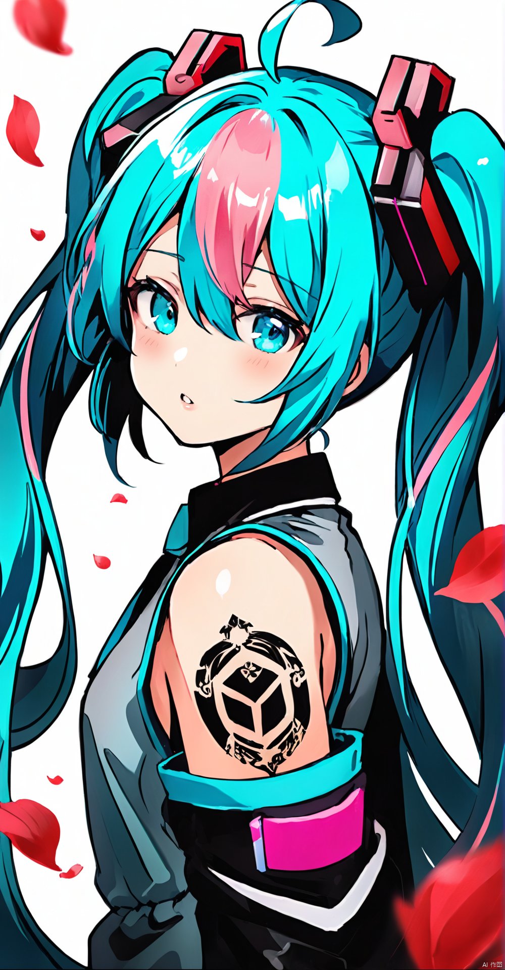 (masterpiece),  (best quality),  loli,  1girl, solo, twintails, long hair, hatsune miku, detached sleeves, shirt, necktie, bangs, looking at viewer, sleeveless, sleeveless shirt, upper body, hair between eyes, blue eyes, blush, petals, very long hair, collared shirt, long sleeves, blue hair, bare shoulders, hair ornament, parted lips, black sleeves, blurry, looking to the side, wide sleeves, hand up, ahoge, from side, blurry background, tattoo, grey shirt, white shirt, blue necktie,<lora:EMS-280663-EMS:0.800000>