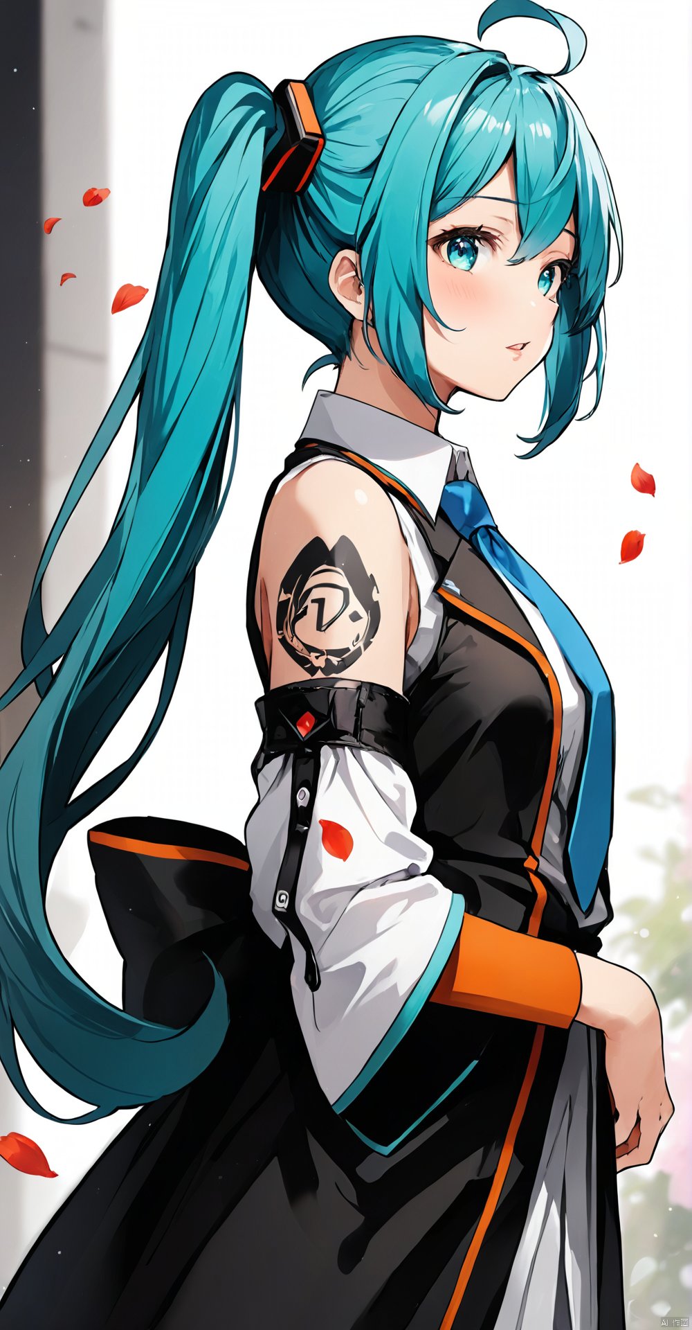 (masterpiece),  (best quality),  loli,  1girl, solo, twintails, long hair, hatsune miku, detached sleeves, shirt, necktie, bangs, looking at viewer, sleeveless, sleeveless shirt, upper body, hair between eyes, blue eyes, blush, petals, very long hair, collared shirt, long sleeves, blue hair, bare shoulders, hair ornament, parted lips, black sleeves, blurry, looking to the side, wide sleeves, hand up, ahoge, from side, blurry background, tattoo, grey shirt, white shirt, blue necktie,  ORANGEBLACK,<lora:EMS-280663-EMS:0.800000>,<lora:EMS-228302-EMS:0.800000>