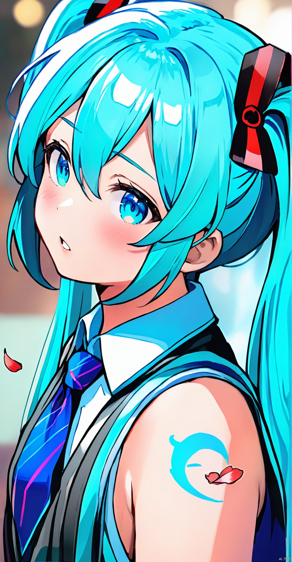 (masterpiece),  (best quality),  loli,  1girl, solo, twintails, long hair, hatsune miku, detached sleeves, shirt, necktie, bangs, looking at viewer, sleeveless, sleeveless shirt, upper body, hair between eyes, blue eyes, blush, petals, very long hair, collared shirt, long sleeves, blue hair, bare shoulders, hair ornament, parted lips, black sleeves, blurry, looking to the side, wide sleeves, hand up, ahoge, from side, blurry background, tattoo, grey shirt, white shirt, blue necktie,<lora:EMS-280663-EMS:0.800000>