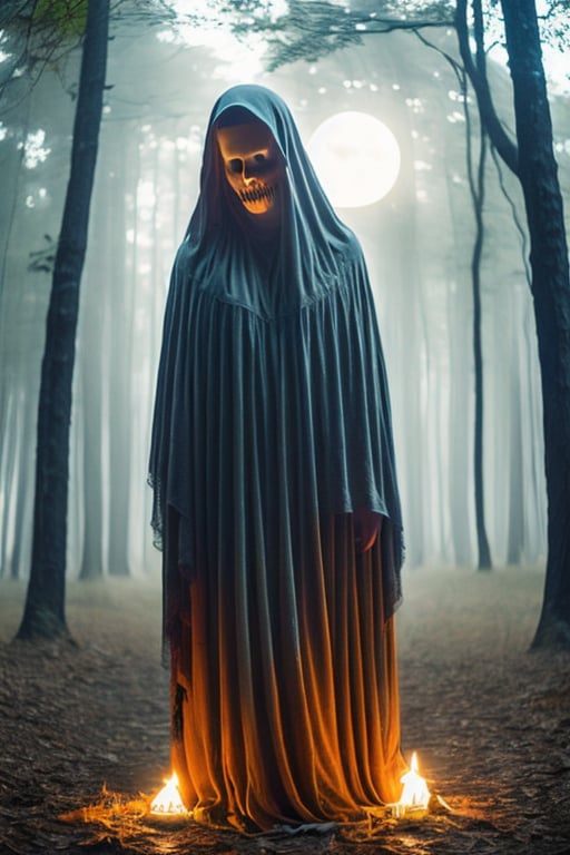 masterpiece,best quality,ultra-detailed,photorealistic,realistic,photography,1girl,ghost,ghost costume,pumpkin,forest,night,moon,,