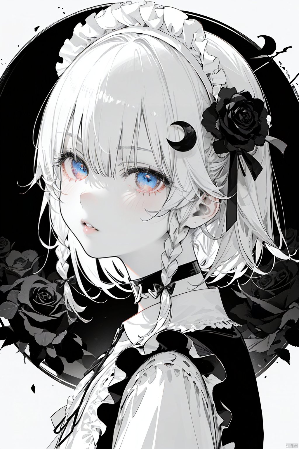 nai3, 1girl,white hair,red eyes,portrait,1girl, solo, izayoi_sakuya, maid_headdress, braid, looking_at_viewer, monochrome, hair_ornament, white_hair, choker, flower, parted_lips, greyscale, short_hair, bow, from_side, hair_flower, black_flower, twin_braids, blue_eyes, hair_bow, black_rose, portrait, rose, bangs, black_choker, white_background, frills, crescent, upper_body, blush, 