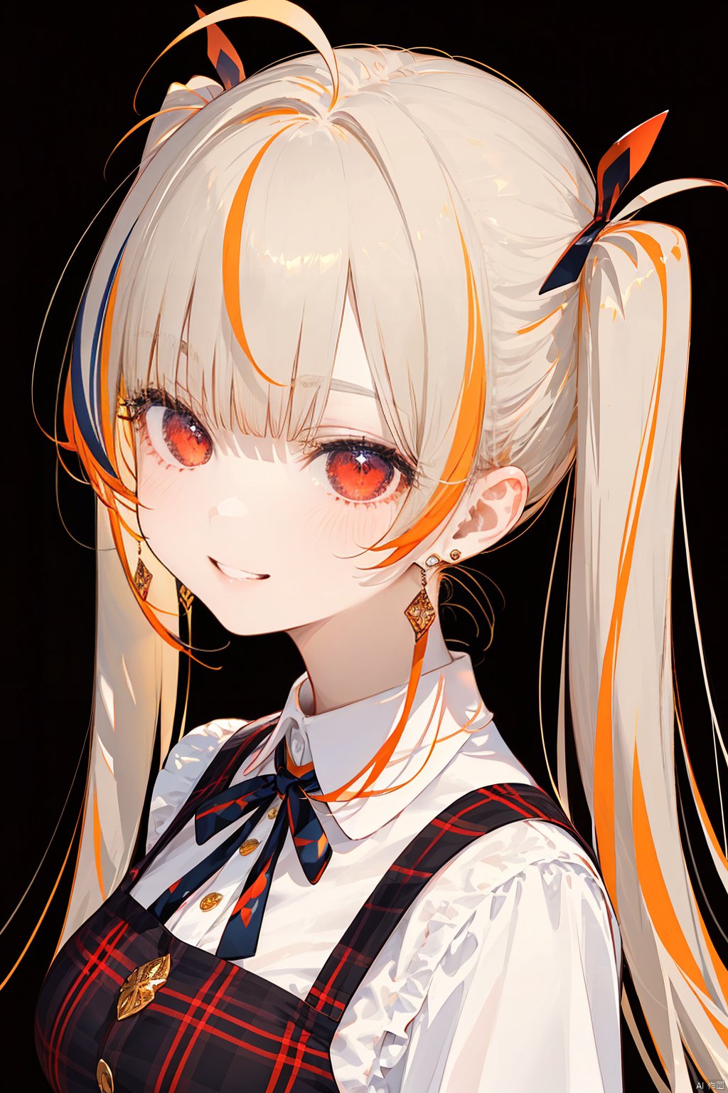 nai3, 1girl,white hair,red eyes,portrait,red eyes, ahoge, breasts,  virtual youtuber, smile, twintails, blush, looking at viewer, streaked hair, orange background, dress,  long sleeves, large breasts, multicolored hair, simple background, white shirt, long hair, shirt, plaid,  neck ribbon, ribbon, bangs, plaid dress, v, pinafore dress, upper body, parted lips, earrings, collared shirt, grin, jewelry, 