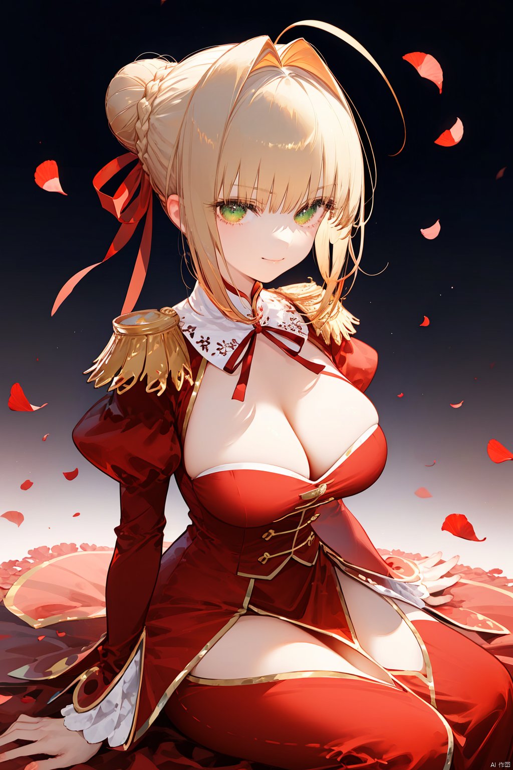 nai3, 1girl, nero claudius (fate), nero claudius (fate/extra), breasts, solo, green eyes, blonde hair, petals, hair bun, red dress, dress, ahoge, smile, red ribbon, cleavage, hair intakes, ribbon, long sleeves, looking at viewer, sitting, braid, bangs, hair ribbon, puffy sleeves, large breasts, juliet sleeves, closed mouth, epaulettes, single hair bun, rose petals, gradient background, gradient