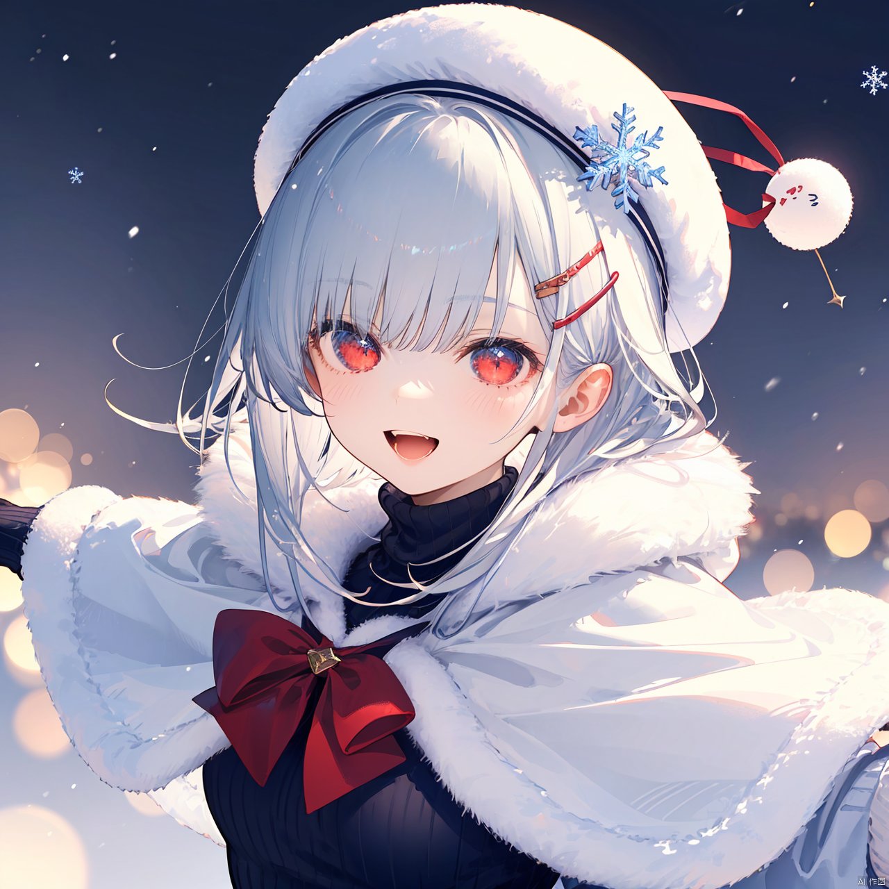  nai3, 1girl,white hair,red eyes,portrait,winter, snowflakes,1girl, solo, hair_ornament,hairclip, smile, open_mouth, looking_at_viewer, blush, {sweater}, hat, :d, long_sleeves,sweater, {skirt}, {{fur_trim}}, capelet, outstretched_arms, bangs, teeth, plaid, white_headwear, upper_body, beret, blue_capelet, fur-trimmed_capelet, bow, turtleneck, {jacket, pom_pom_\(clothes\)}