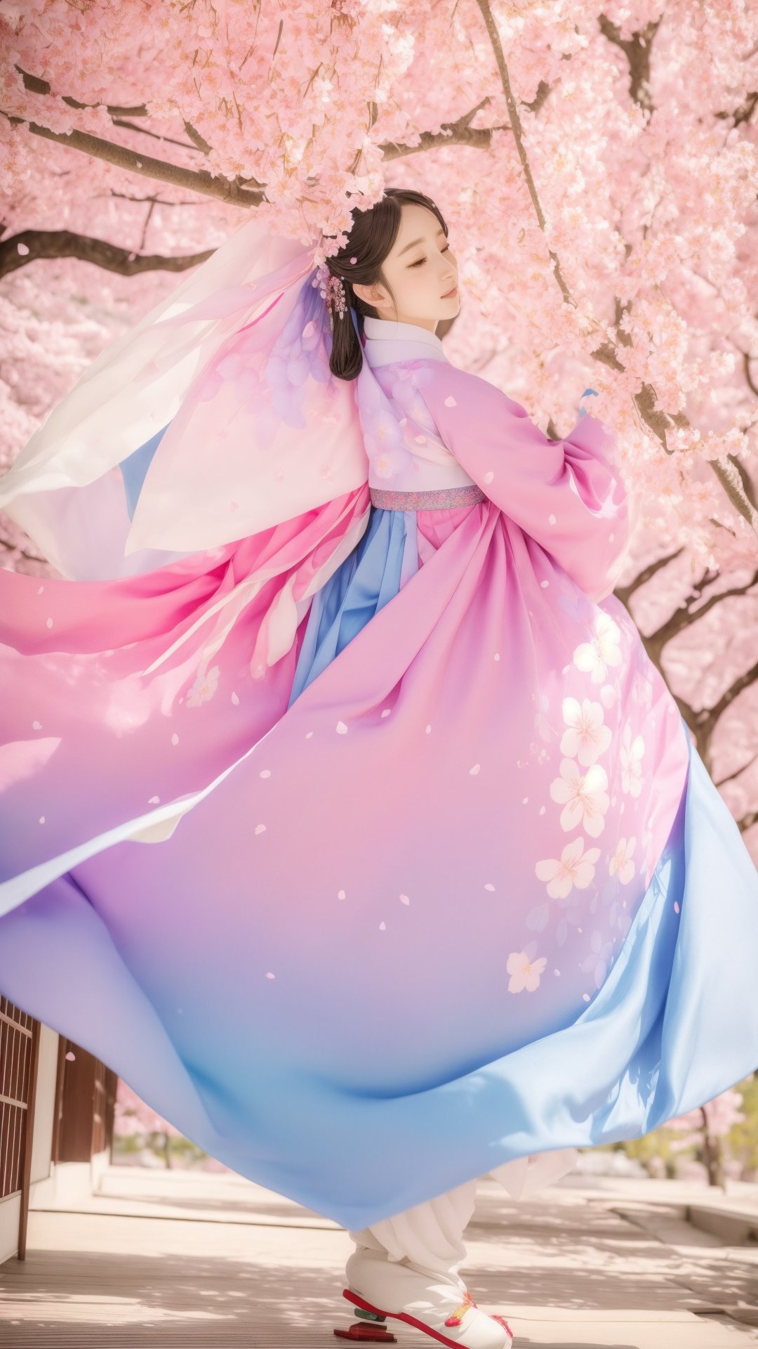 1girl,  full body,  ultra realistic,  hyper detailed,  Amidst blossoming cherry trees,  a Joseon dancer pirouettes with grace. Her hanbok,  a kaleidoscope of pastel hues,  echoes the spring blooms. Fragrant petals rain down,  caught in the dance of butterflies around her., joseon, Masterpiece, Detailedface, Realism, Extremely Realistic,<lora:EMS-281640-EMS:0.800000>,<lora:EMS-179-EMS:0.800000>