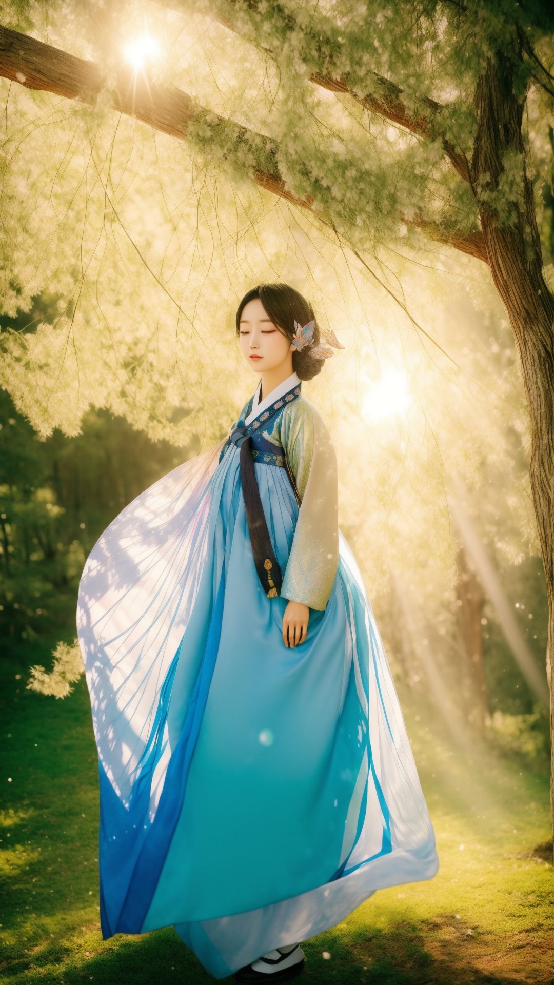 1girl,  full body,  ultra realistic,  hyper detailed,  Sunlight filters through ancient trees,  illuminating a Joseon dance. Her hanbok,  woven with shimmering threads,  reflects the sunlight,  while butterflies with iridescent wings add to the magic., joseon, Masterpiece, Detailedface, Realism, Extremely Realistic,<lora:EMS-281640-EMS:0.800000>,<lora:EMS-179-EMS:0.800000>