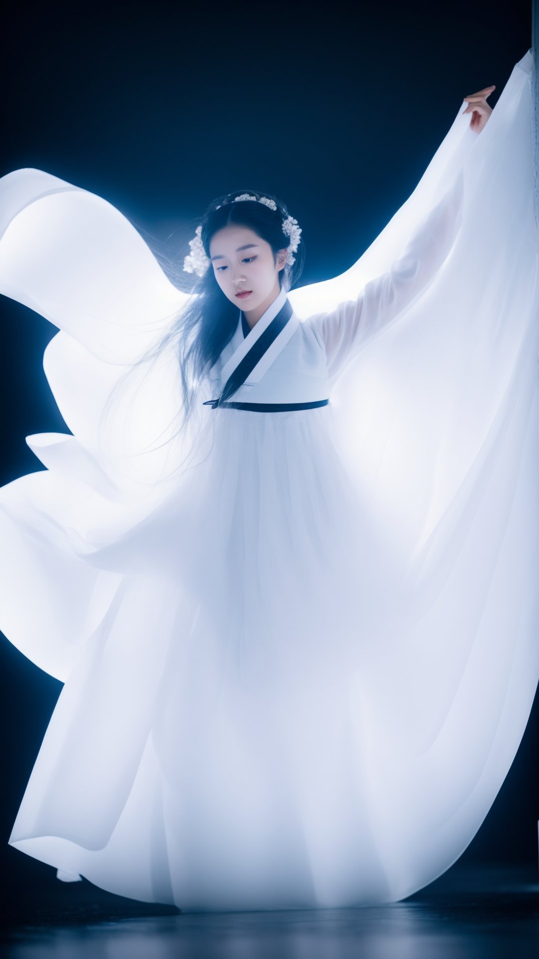 A young Korean girl in a flowing white hanbok dances against a stark black backdrop,  illuminated by the soft glow of a full moon. Her long,  dark hair billows around her like a cloud,  creating a sense of ethereal beauty. The composition utilizes negative space and contrasting light and shadow to highlight her graceful movements., joseon, Masterpiece, Detailedface, Realism,<lora:EMS-281640-EMS:0.800000>,<lora:EMS-93-EMS:0.700000>