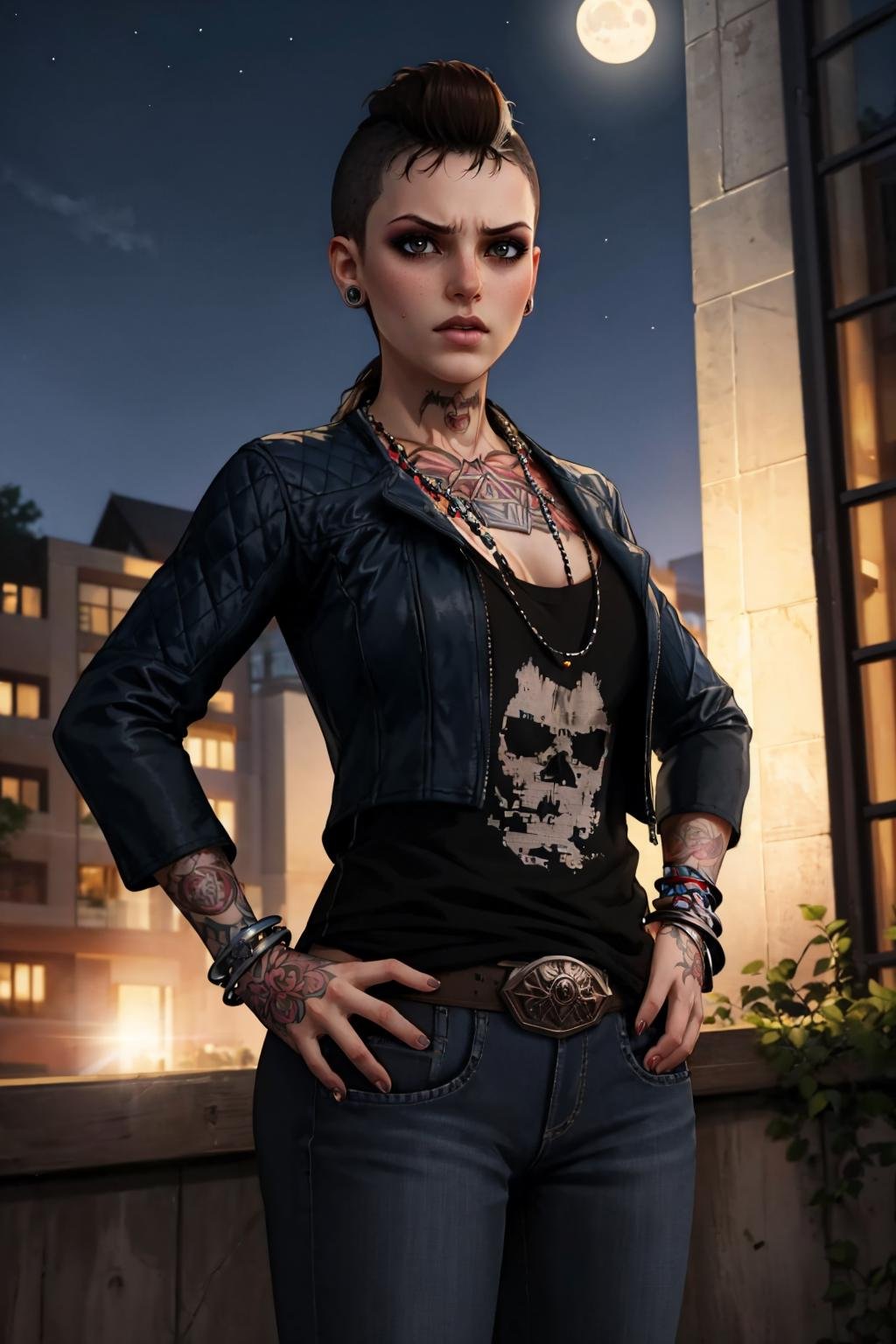 masterpiece, best quality, 1girl, solo, looking at viewer, breasts, outdoors, depth of field, lens flare,  <lora:claralille-guy-v2:.85>, claralille, tattoo, piercing, jacket, pants, makeup, necklace, night sky, moon, bracelet, earrings, hands on hips, angry, 