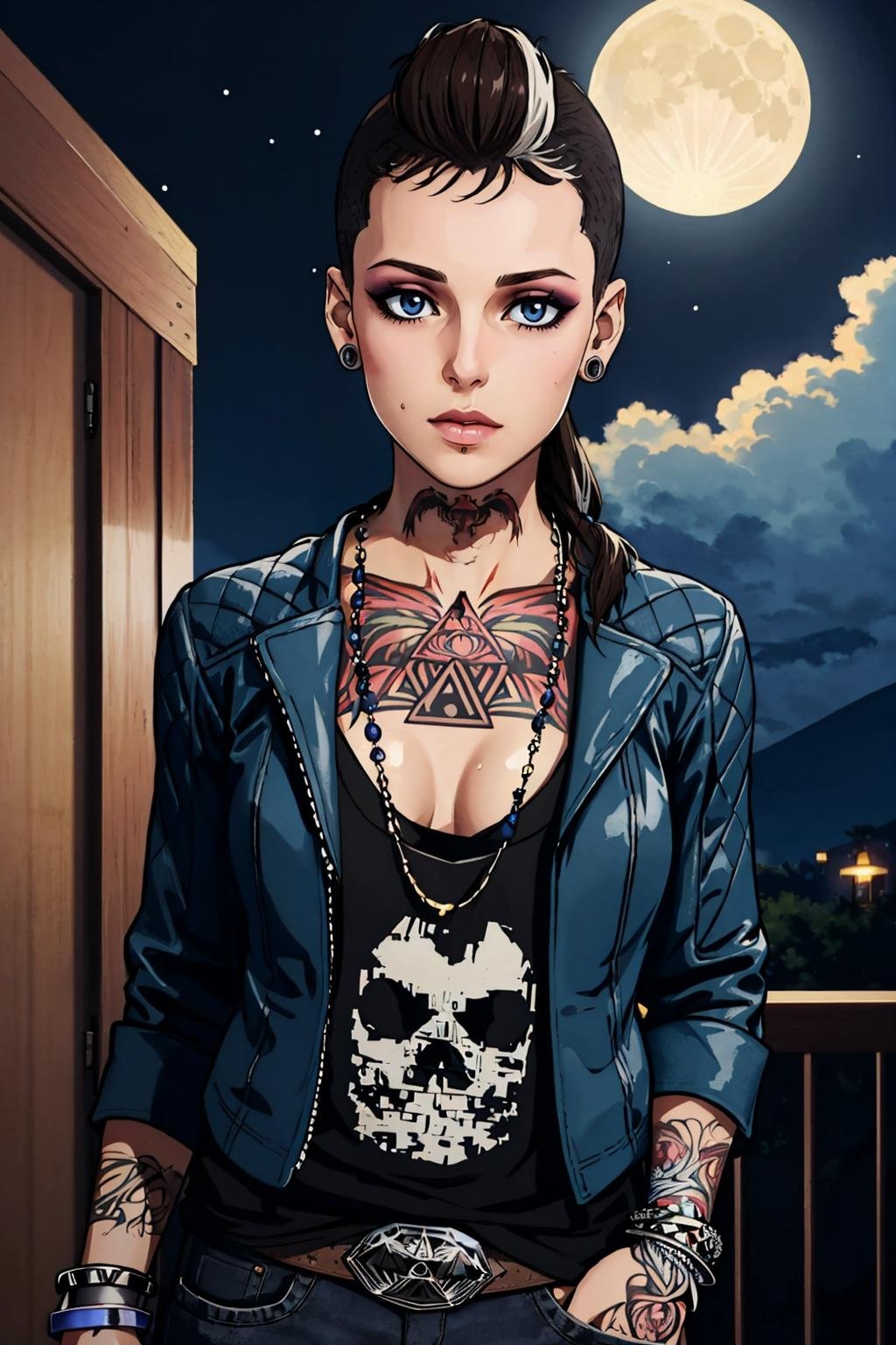 masterpiece, best quality, 1girl, solo, looking at viewer, breasts, <lora:claralille-guy-v2:.9>, claralille, tattoo, piercing, jacket, pants, makeup, necklace, night sky, moon, bracelet, earrings,