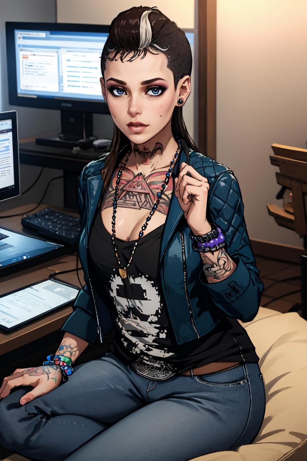 masterpiece, best quality, 1girl, solo, looking at viewer, breasts, <lora:claralille-guy-v2:.95>, claralille, tattoo, piercing, jacket, pants, makeup, necklace, bracelet, earrings, shirt, sitting, indoors, computer, monitor, 