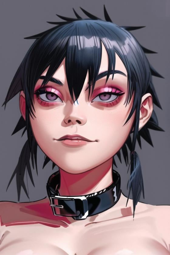 <lora:noodle_(gorillaz):0.6>, noodle (gorillaz), masterpiece, best quality, 1girl, solo, hat, blue hair, twintails, makeup, bangs, collar, short hair, portrait, lipstick, black eyes, parody, breasts, 