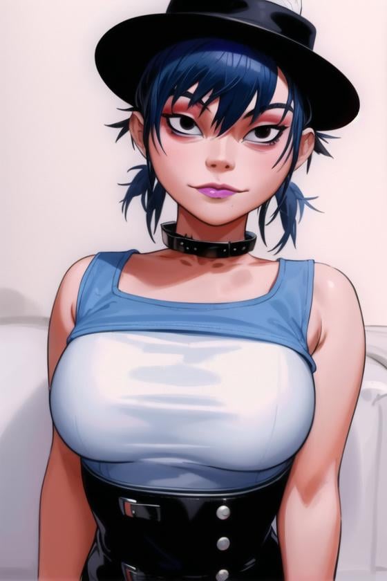 <lora:noodle_(gorillaz):0.6>, noodle (gorillaz), masterpiece, best quality, 1girl, solo, hat, blue hair, twintails, makeup, bangs, collar, short hair, portrait, lipstick, black eyes, parody, breasts, 