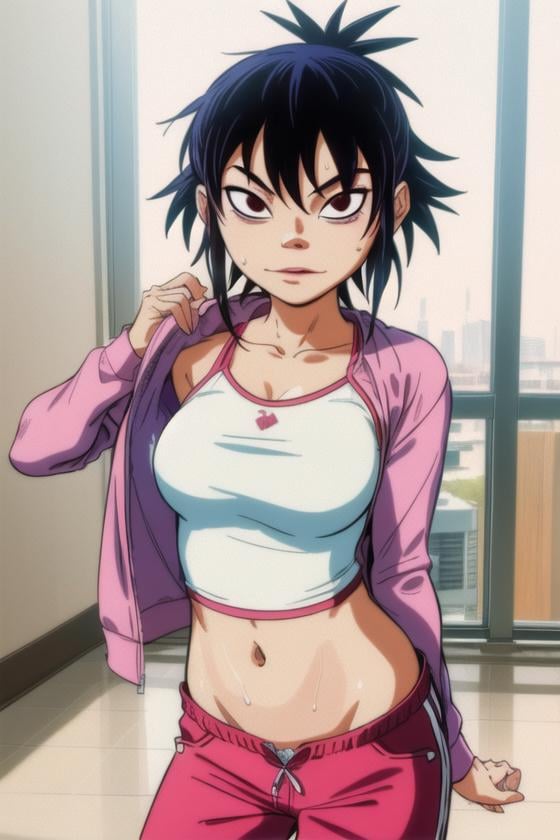 <lora:noodle_(gorillaz):0.6>, noodle (gorillaz), masterpiece, best quality, 1girl, towel, solo, jacket, track jacket, holding, looking at viewer, hair ornament, cube hair ornament, open mouth, breasts, bangs, blush, pants, sweat, collarbone, long sleeves, partially unzipped, cleavage, shirt, track suit, white shirt, one side up, pink jacket, towel around neck, red pants, indoors