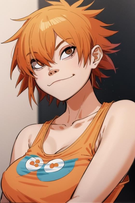 <lora:noodle_(gorillaz):0.6>, noodle (gorillaz), masterpiece, best quality, solo, hair over one eye, black eyes, short hair, 1girl, orange hair, blonde hair, collarbone, looking at viewer, closed mouth, upper body