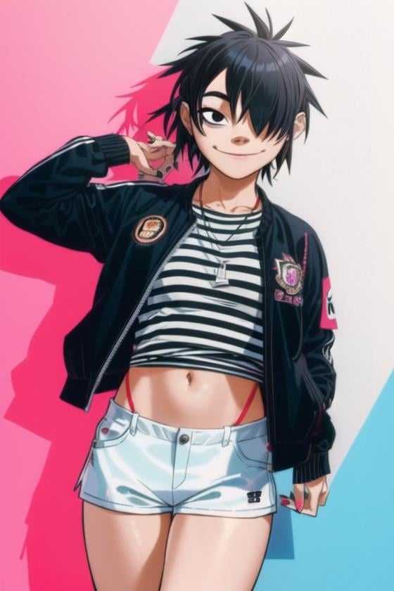 <lora:noodle_(gorillaz):0.6>, noodle (gorillaz), masterpiece, best quality, 1girl, solo, shorts, black hair, jacket, white shorts, shirt, striped shirt, striped, hair over one eye, short hair, black eyes, smile, short shorts, nail polish, blue nails, midriff, open jacket, letterman jacket