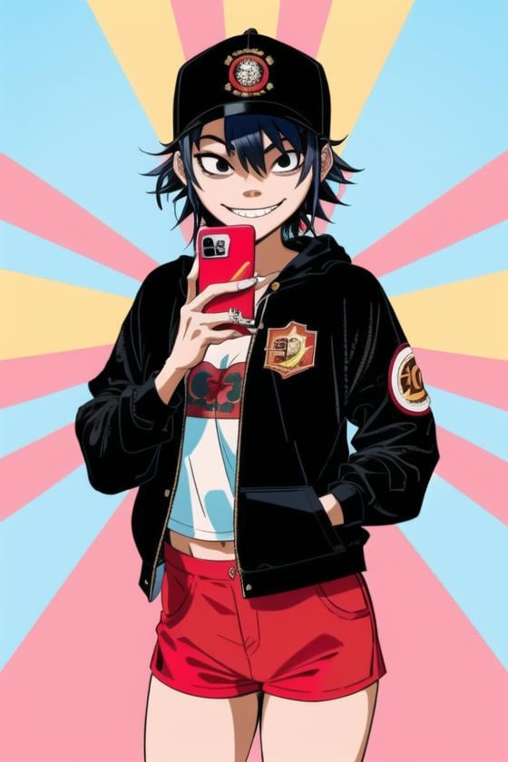 <lora:noodle_(gorillaz):0.6>, noodle (gorillaz), masterpiece, best quality, 1girl, solo, hood, sunburst, sunburst background, breasts, red shorts, shorts, jacket, hat, phone, black hair, holding, open mouth, black eyes, hood up, holding phone, speech bubble, smile, short shorts, hair over one eye, hoodie, cellphone, looking at viewer, long sleeves, cowboy shot, teeth, rising sun flag, smartphone