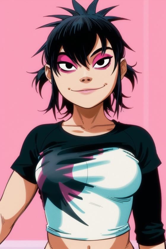 <lora:noodle_(gorillaz):0.6>, noodle (gorillaz), masterpiece, best quality, solo, 1girl, black hair, shirt, hair over one eye, t-shirt, raglan sleeves, upper body, smile, breasts, looking at viewer, black eyes, spiked hair, pink background, parody, makeup