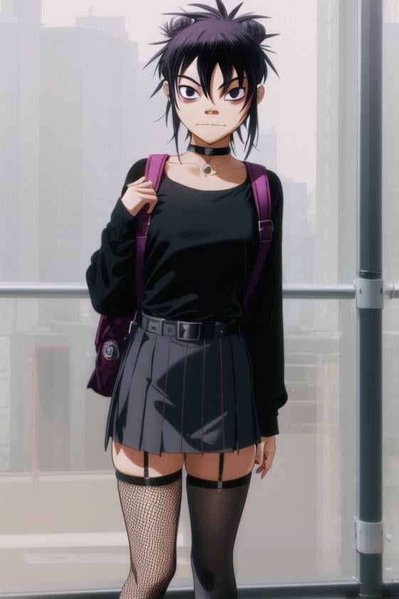 <lora:noodle_(gorillaz):0.6>, noodle (gorillaz), masterpiece, best quality, 1girl, solo, hair between eyes, black shirt, thighhighs, shirt, purple hair, skirt, striped, choker, belt, long sleeves, black skirt, layered sleeves, cowboy shot, chain, blush, black thighhighs, cross, medium hair, black choker, looking at viewer, bangs, o-ring, badge, sleeves past wrists, bag, short over long sleeves, short sleeves, standing, fishnets, striped sleeves, closed mouth, alternate costume, cross print, thigh strap, pleated skirt, hair bun, collar, backpack